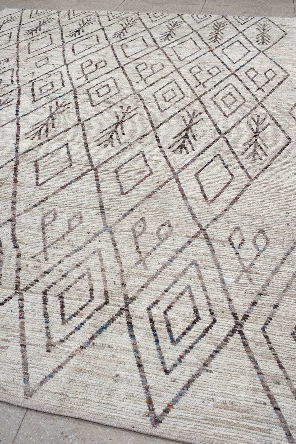 10' x 13' one-of-a-kind handmade vintage Tulu large size rug. Color palette: ivory, taupe, charcoal, slate, rose, camel