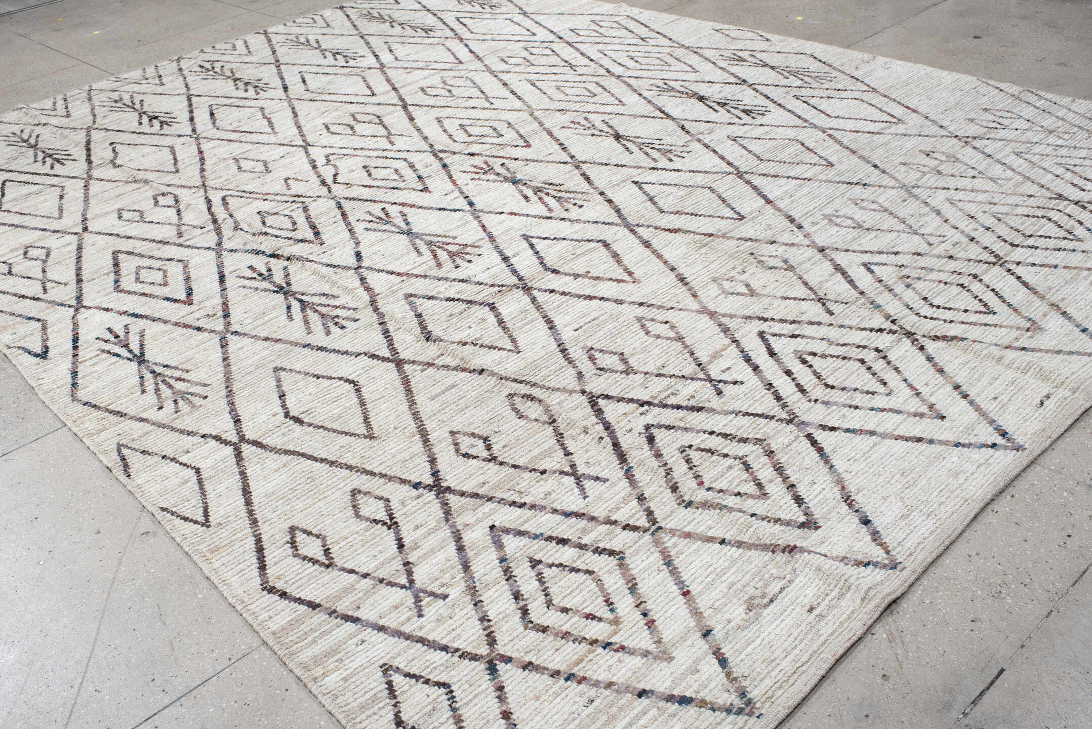 10' x 13' one-of-a-kind handmade vintage Tulu large size rug. Color palette: ivory, taupe, charcoal, slate, rose, camel