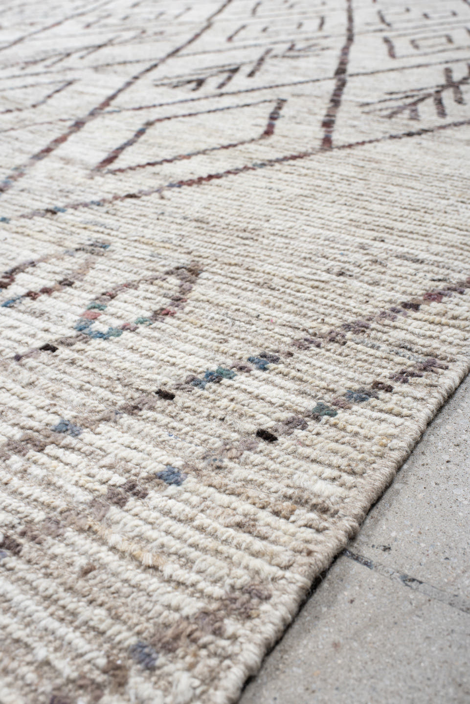 10' x 13' one-of-a-kind handmade vintage Tulu large size rug. Color palette: ivory, taupe, charcoal, slate, rose, camel