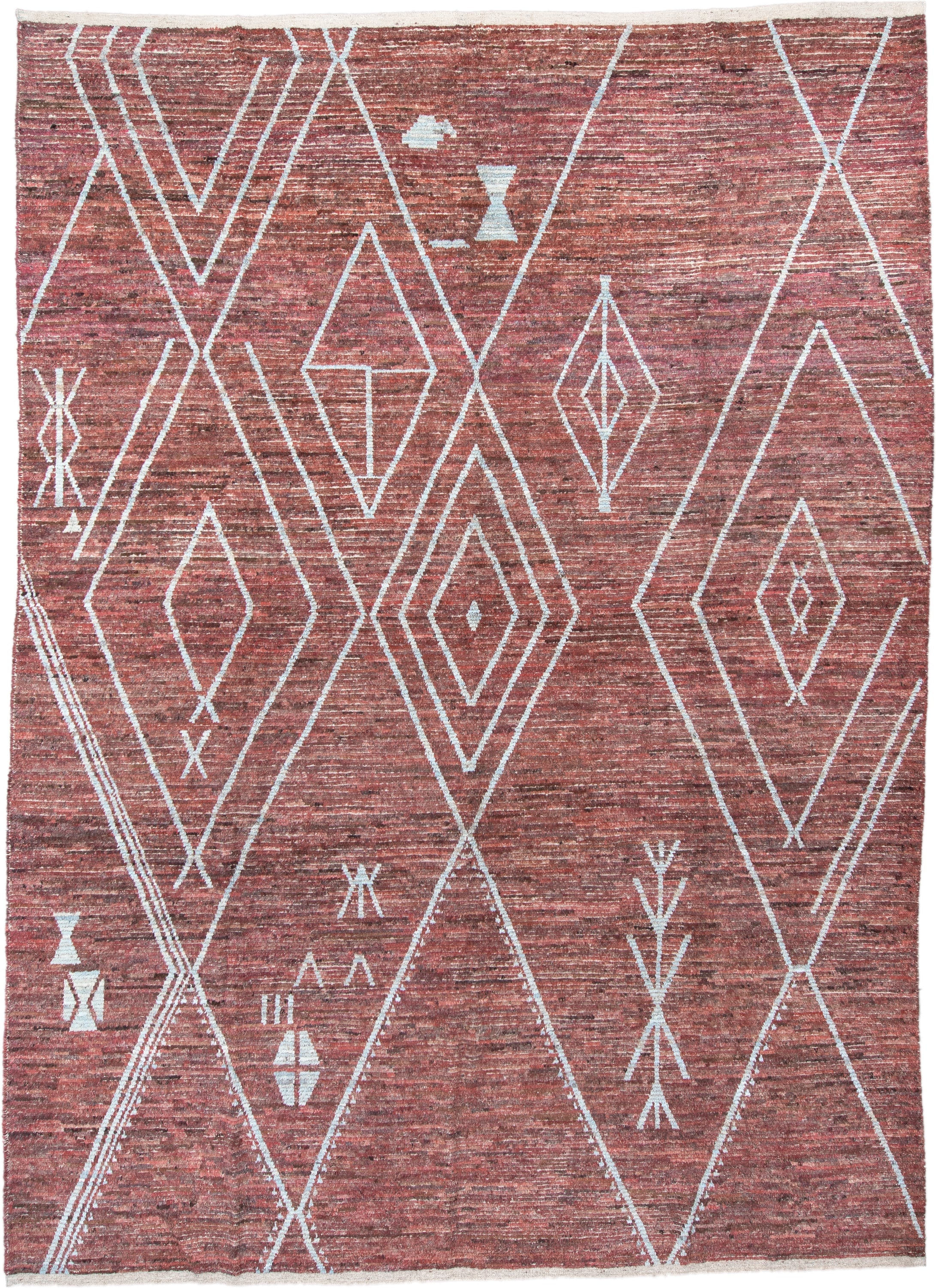 10' x 14' one-of-a-kind handmade vintage Tulu large size rug. Color palette: terra cotta, ivory, rose, rust, charcoal