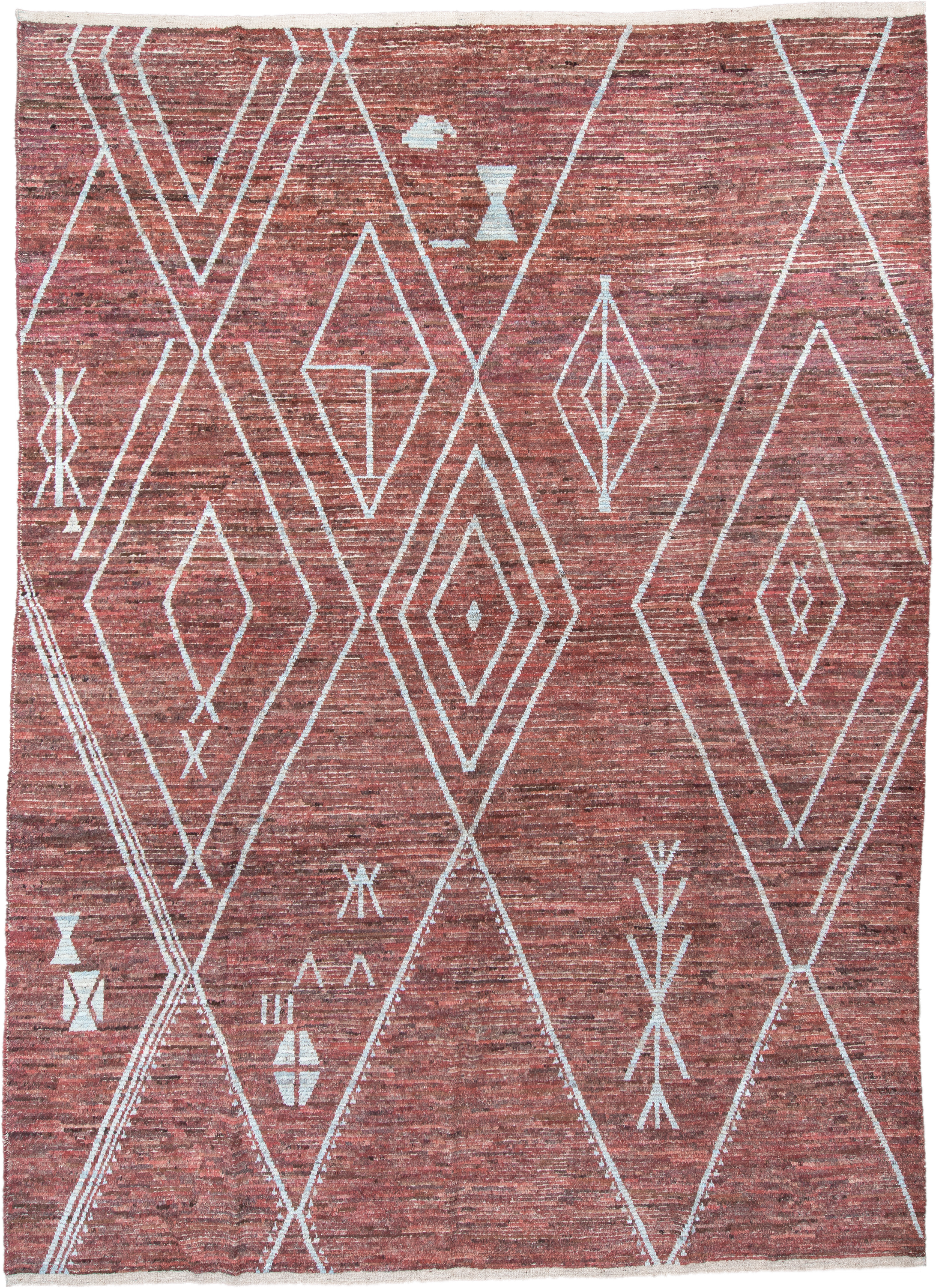 10' x 14' one-of-a-kind handmade vintage Tulu large size rug. Color palette: terra cotta, ivory, rose, rust, charcoal