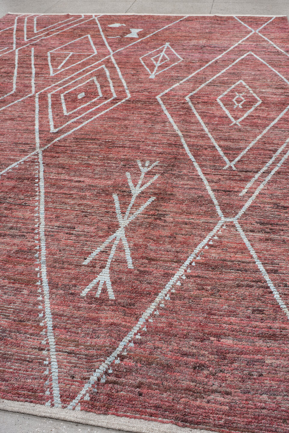 10' x 14' one-of-a-kind handmade vintage Tulu large size rug. Color palette: terra cotta, ivory, rose, rust, charcoal