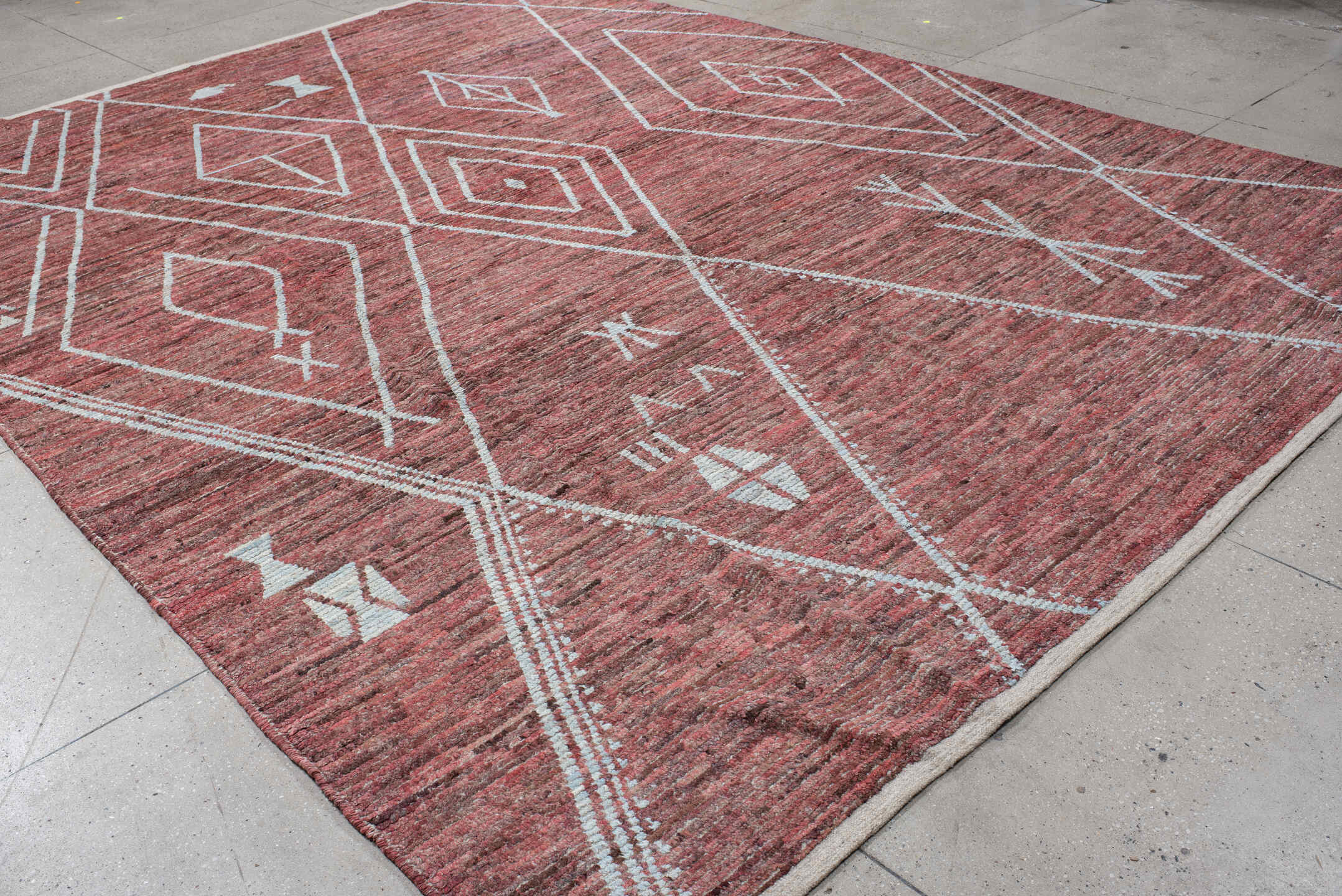 10' x 14' one-of-a-kind handmade vintage Tulu large size rug. Color palette: terra cotta, ivory, rose, rust, charcoal