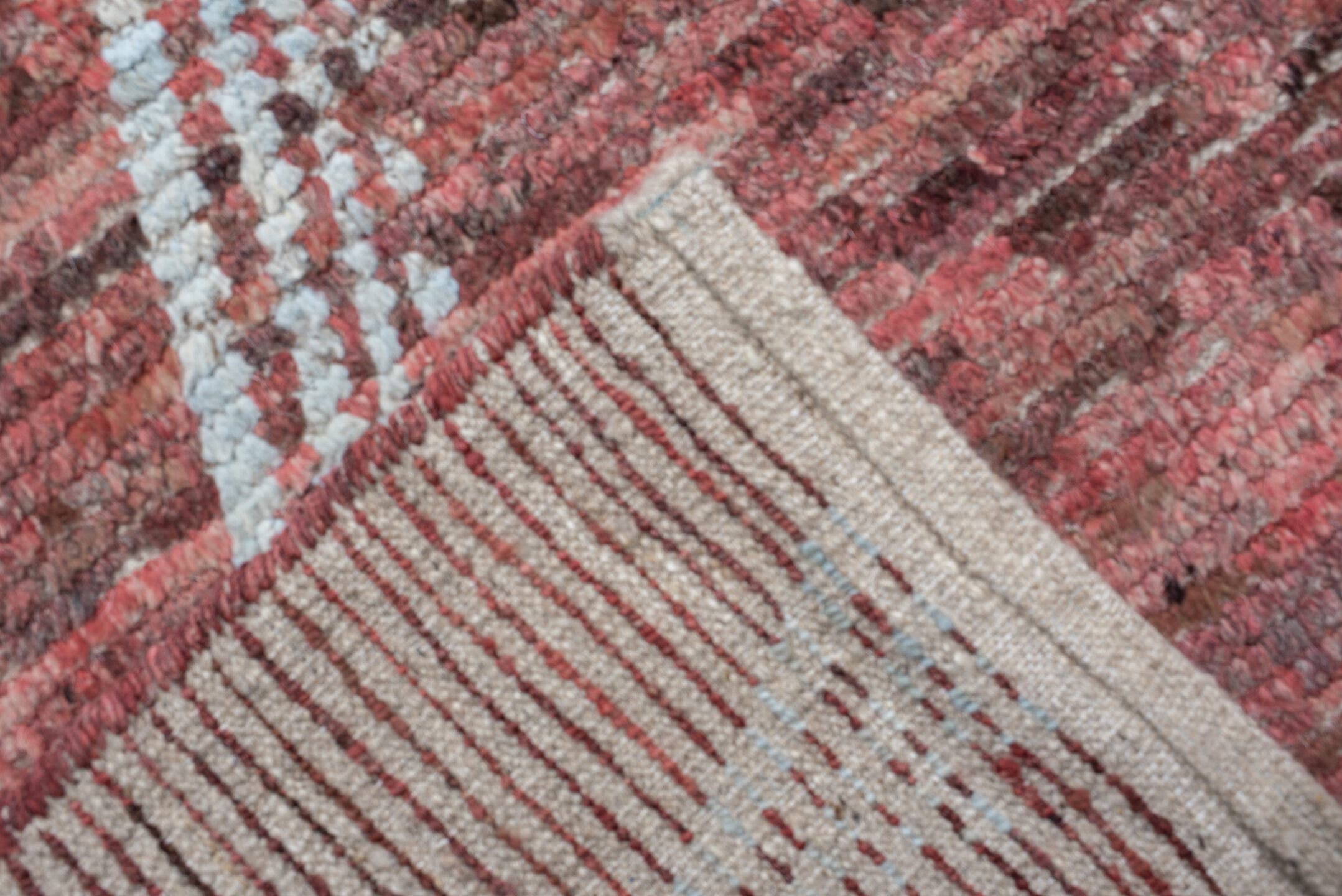 10' x 14' one-of-a-kind handmade vintage Tulu large size rug. Color palette: terra cotta, ivory, rose, rust, charcoal