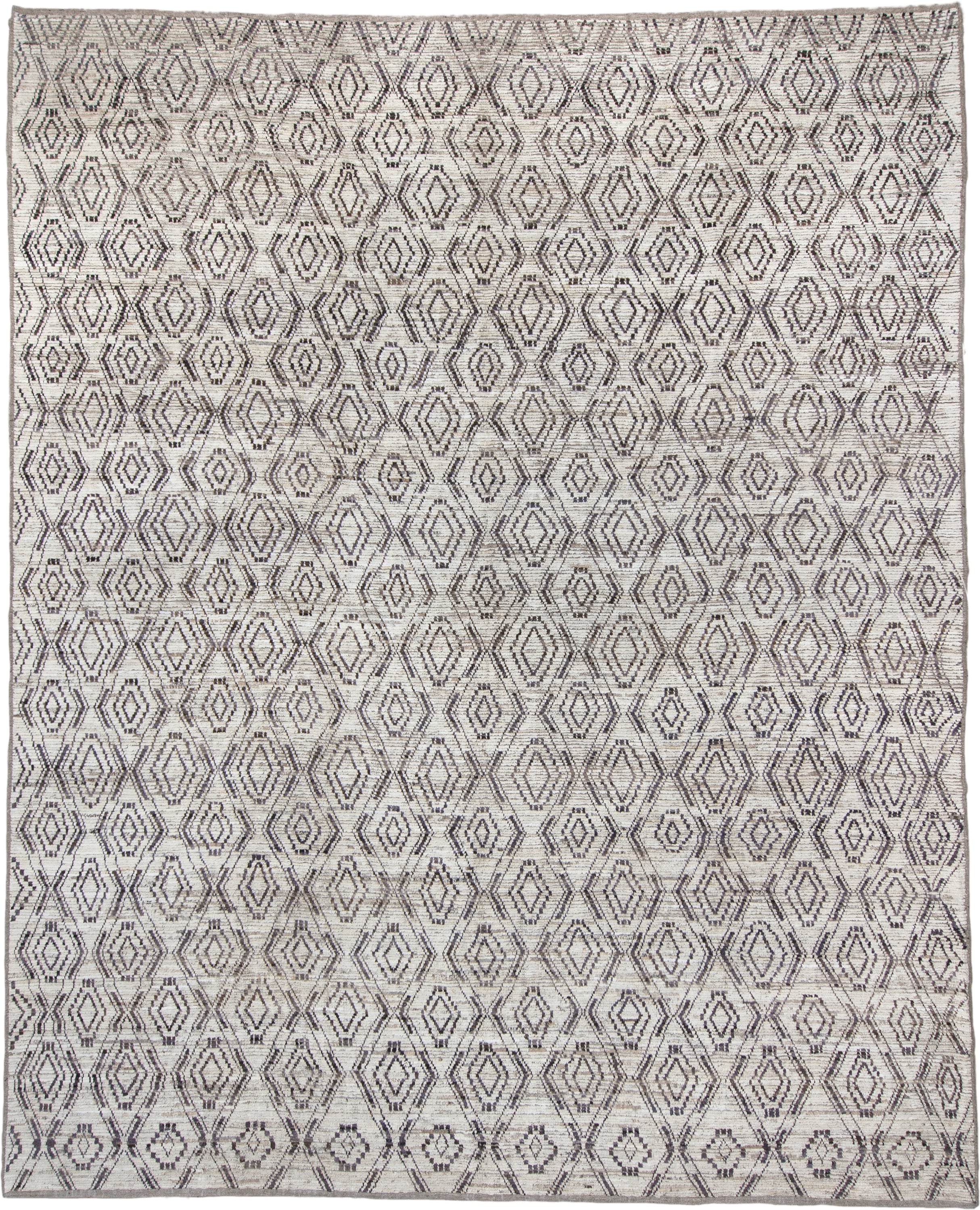 12' x 14' one-of-a-kind handmade vintage Tulu oversize rug. Color palette: ivory, charcoal, taupe, brown, gray, black, beige