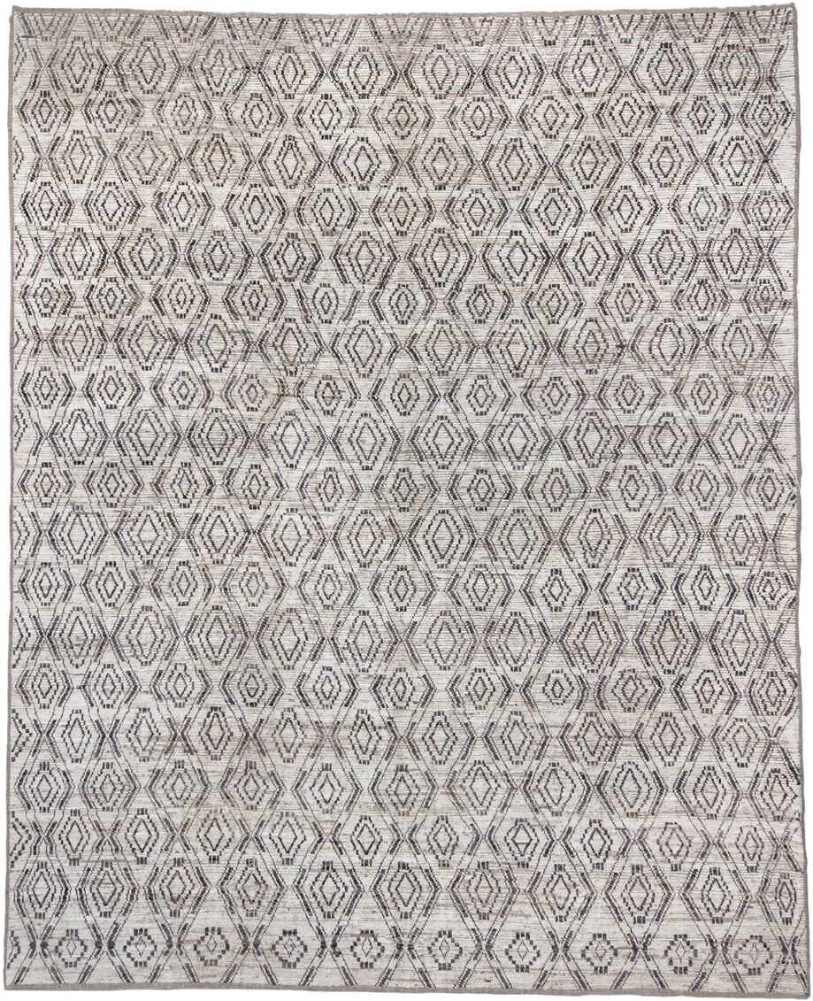 12' x 14' one-of-a-kind handmade vintage Tulu oversize rug. Color palette: ivory, charcoal, taupe, brown, gray, black, beige
