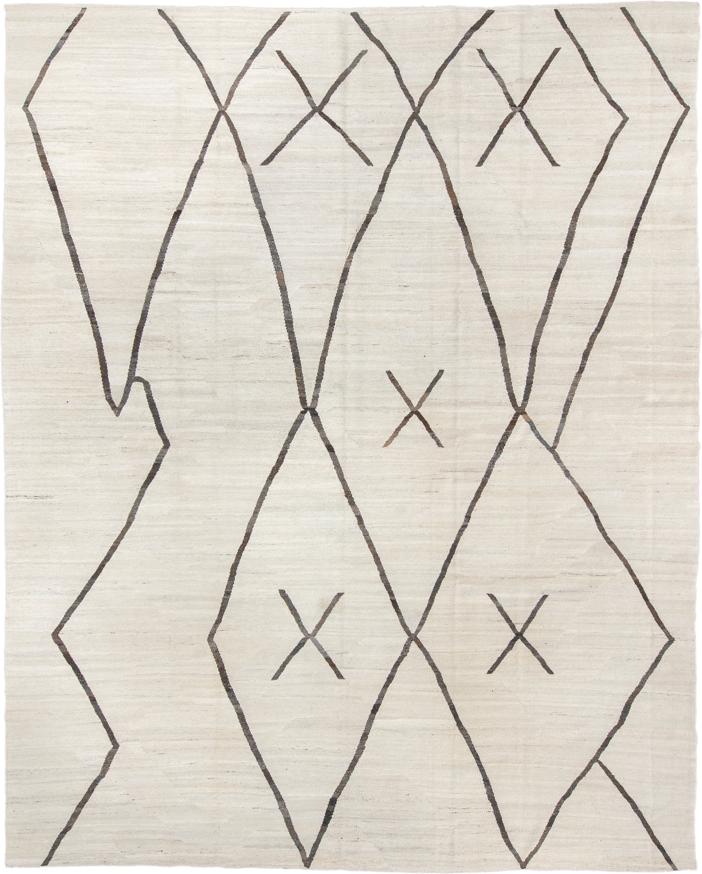 11' x 14' one-of-a-kind handmade vintage Kilim oversize rug. Color palette: ivory, charcoal, taupe, gray, black, beige