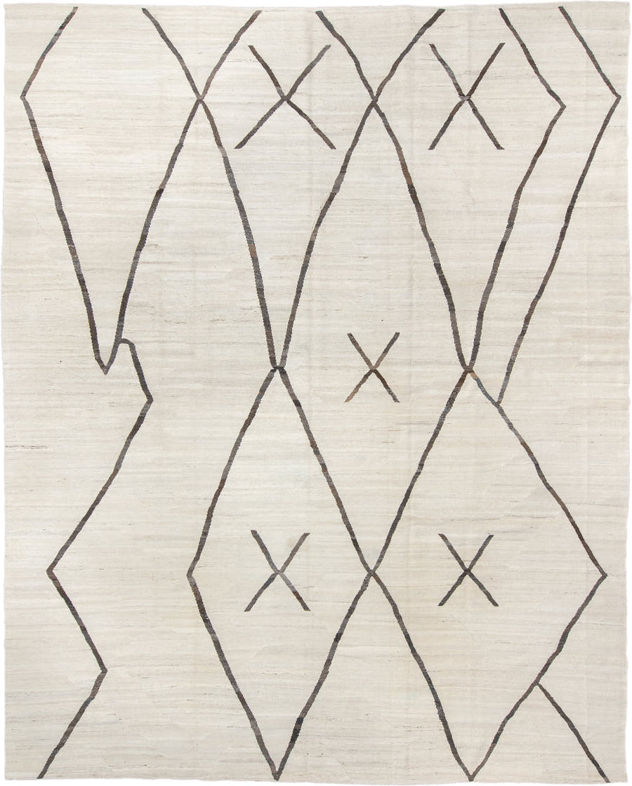 11' x 14' one-of-a-kind handmade vintage Kilim oversize rug. Color palette: ivory, charcoal, taupe, gray, black, beige