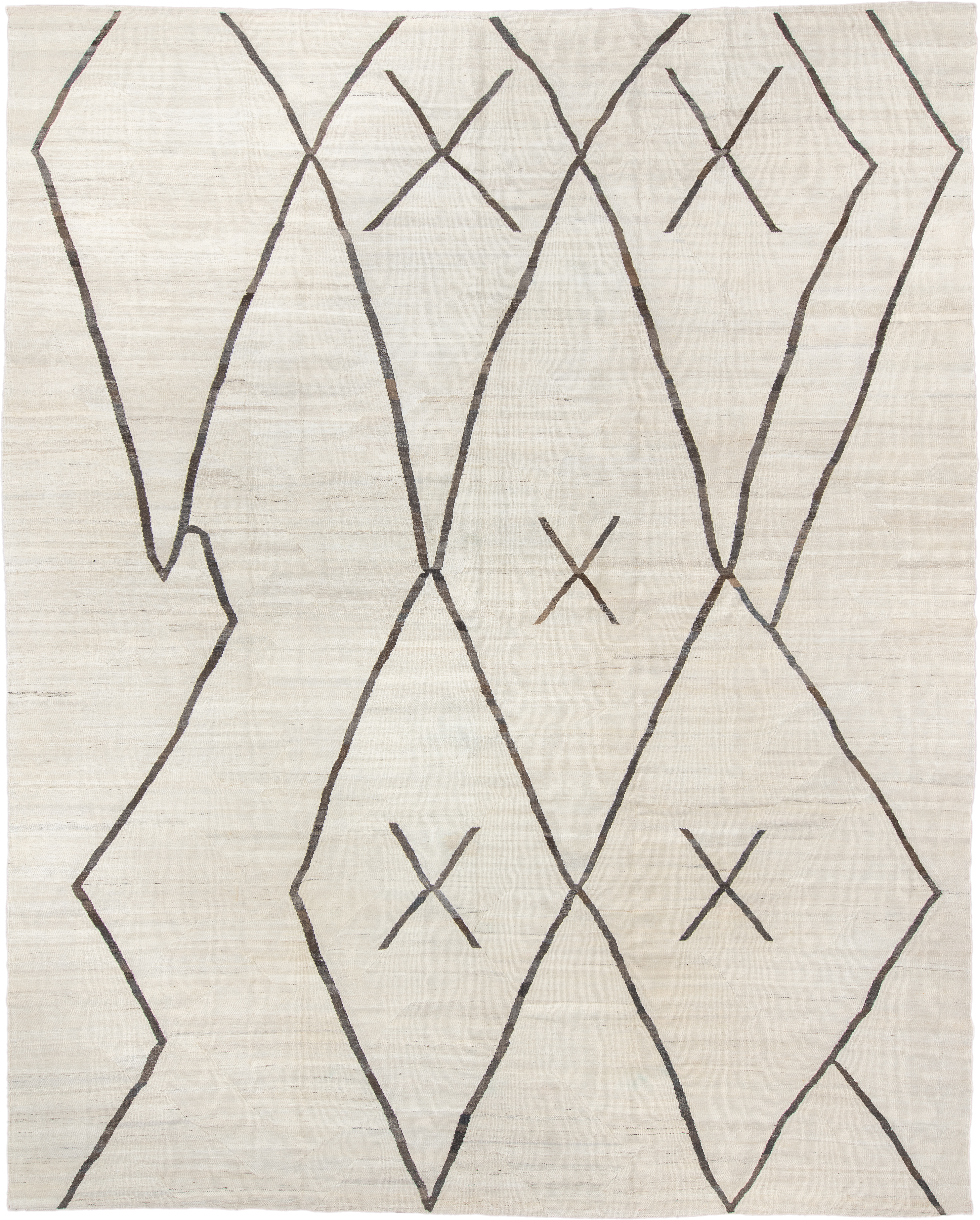 11' x 14' one-of-a-kind handmade vintage Kilim oversize rug. Color palette: ivory, charcoal, taupe, gray, black, beige
