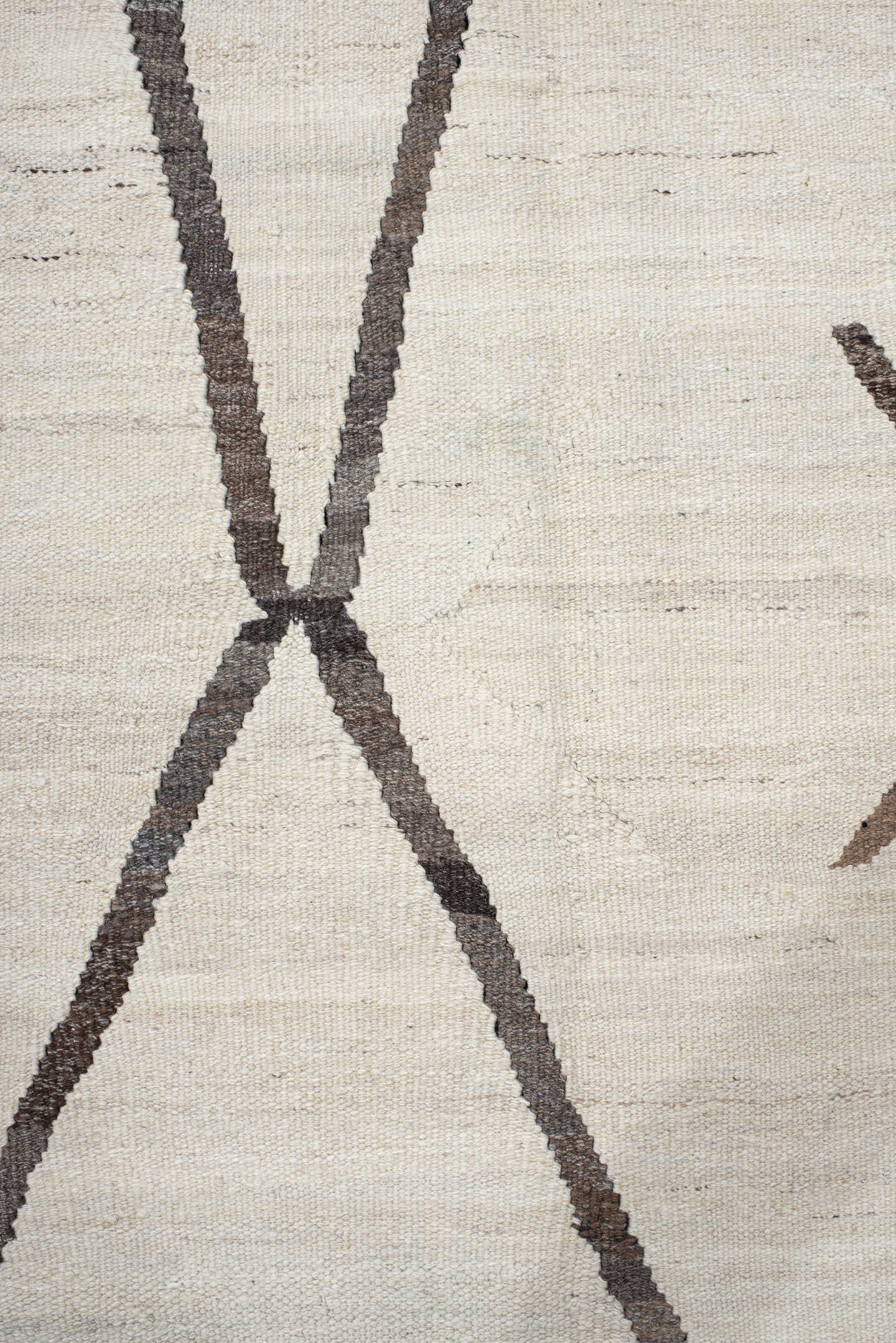 11' x 14' one-of-a-kind handmade vintage Kilim oversize rug. Color palette: ivory, charcoal, taupe, gray, black, beige