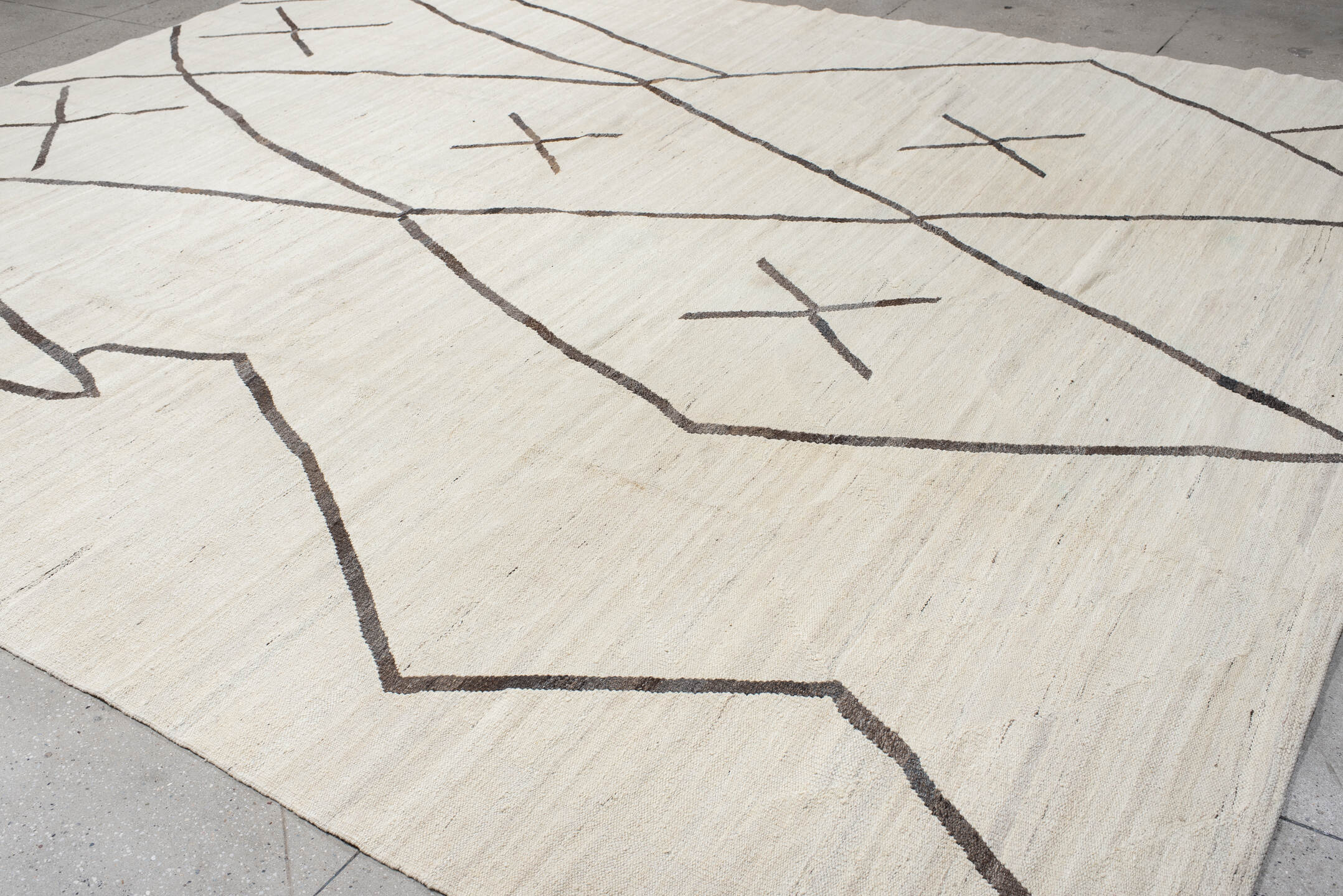 11' x 14' one-of-a-kind handmade vintage Kilim oversize rug. Color palette: ivory, charcoal, taupe, gray, black, beige