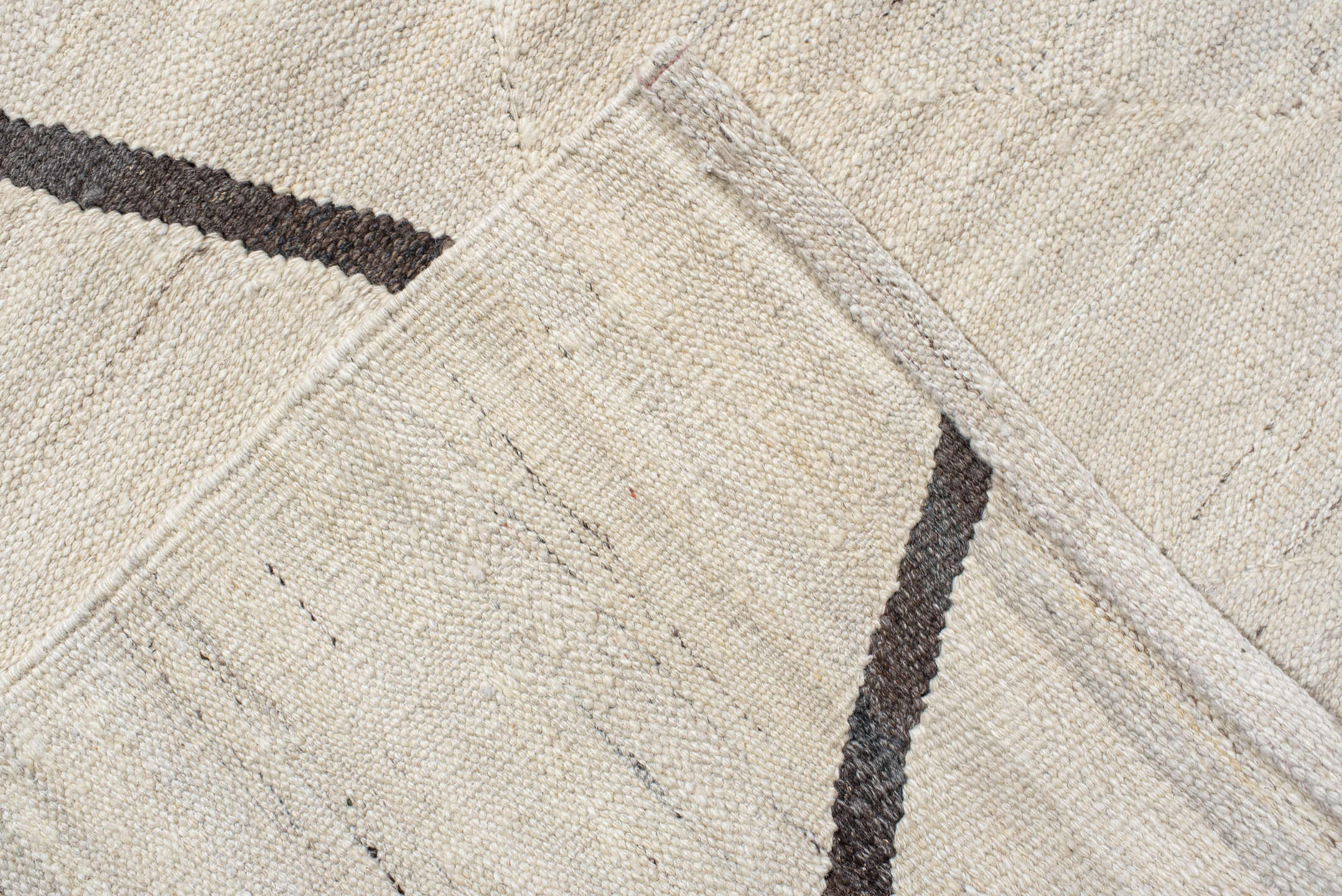 11' x 14' one-of-a-kind handmade vintage Kilim oversize rug. Color palette: ivory, charcoal, taupe, gray, black, beige