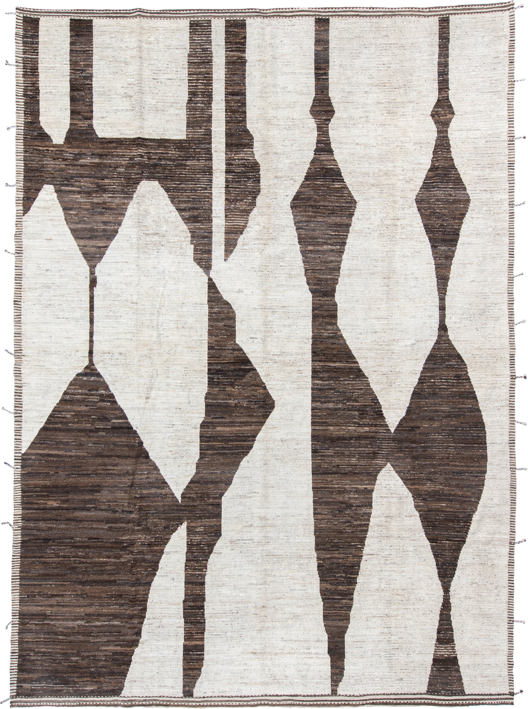 10' x 14' one-of-a-kind handmade vintage Tulu large size rug. Color palette: ivory, brown, taupe, charcoal, beige, gray