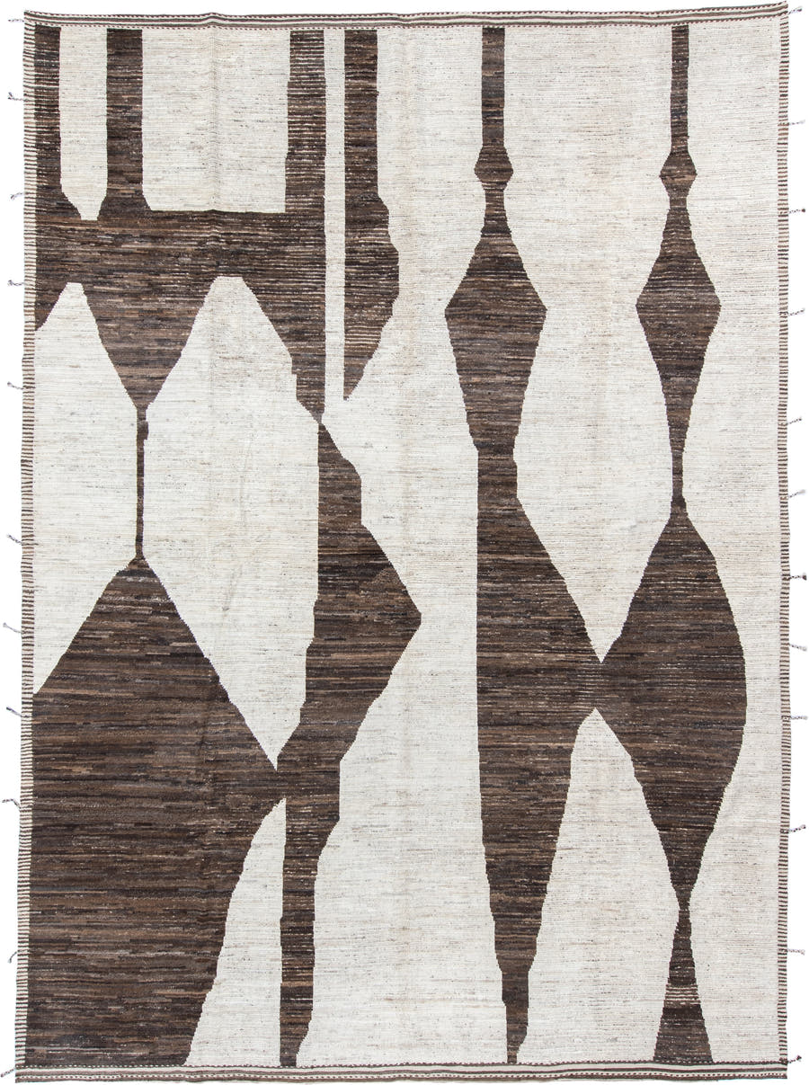 10' x 14' one-of-a-kind handmade vintage Tulu large size rug. Color palette: ivory, brown, taupe, charcoal, beige, gray