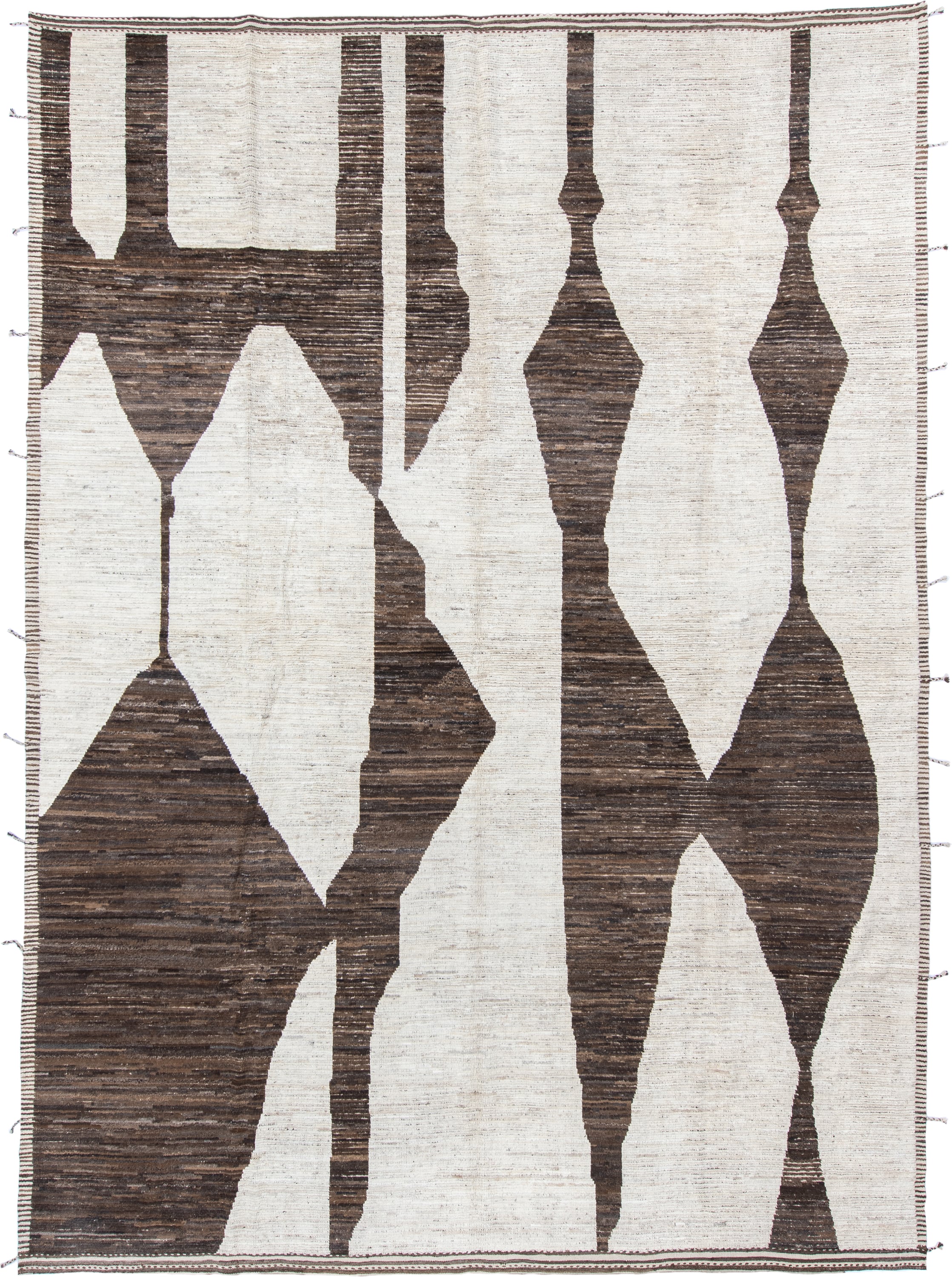 10' x 14' one-of-a-kind handmade vintage Tulu large size rug. Color palette: ivory, brown, taupe, charcoal, beige, gray