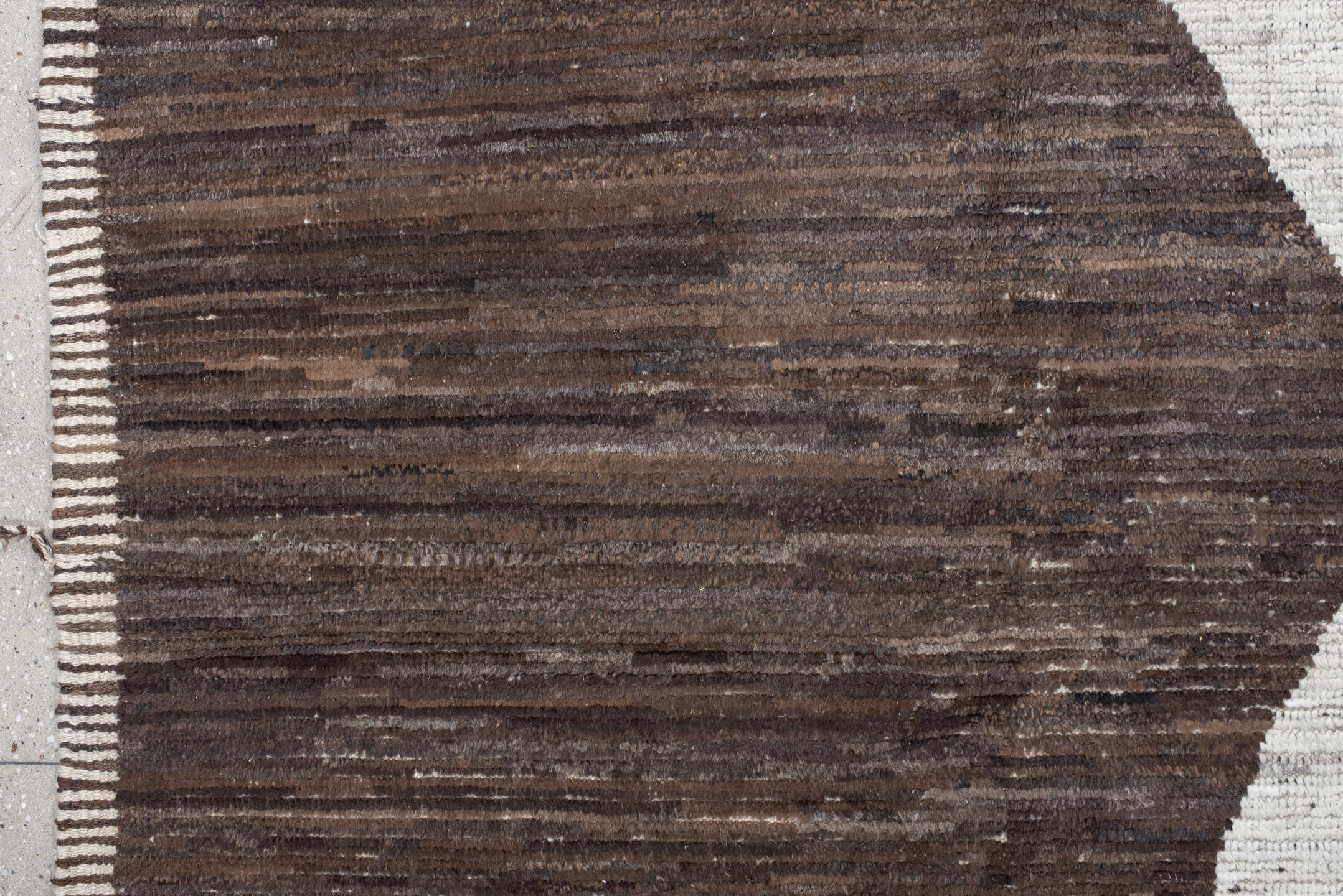 10' x 14' one-of-a-kind handmade vintage Tulu large size rug. Color palette: ivory, brown, taupe, charcoal, beige, gray