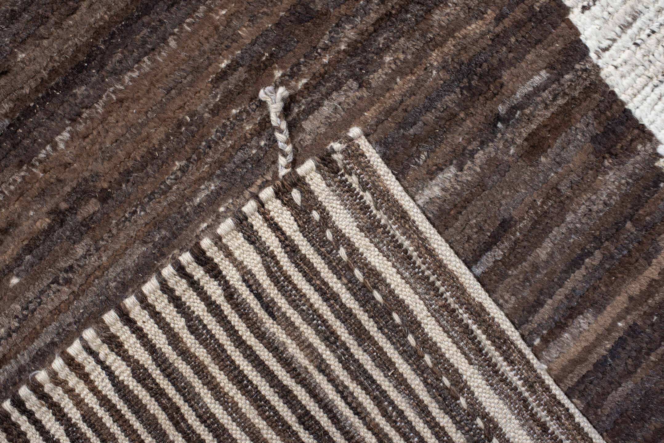 10' x 14' one-of-a-kind handmade vintage Tulu large size rug. Color palette: ivory, brown, taupe, charcoal, beige, gray
