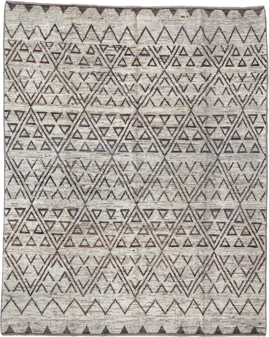 9' x 11' one-of-a-kind handmade vintage Tulu large size rug. Color palette: ivory, brown, taupe, charcoal, beige, gray