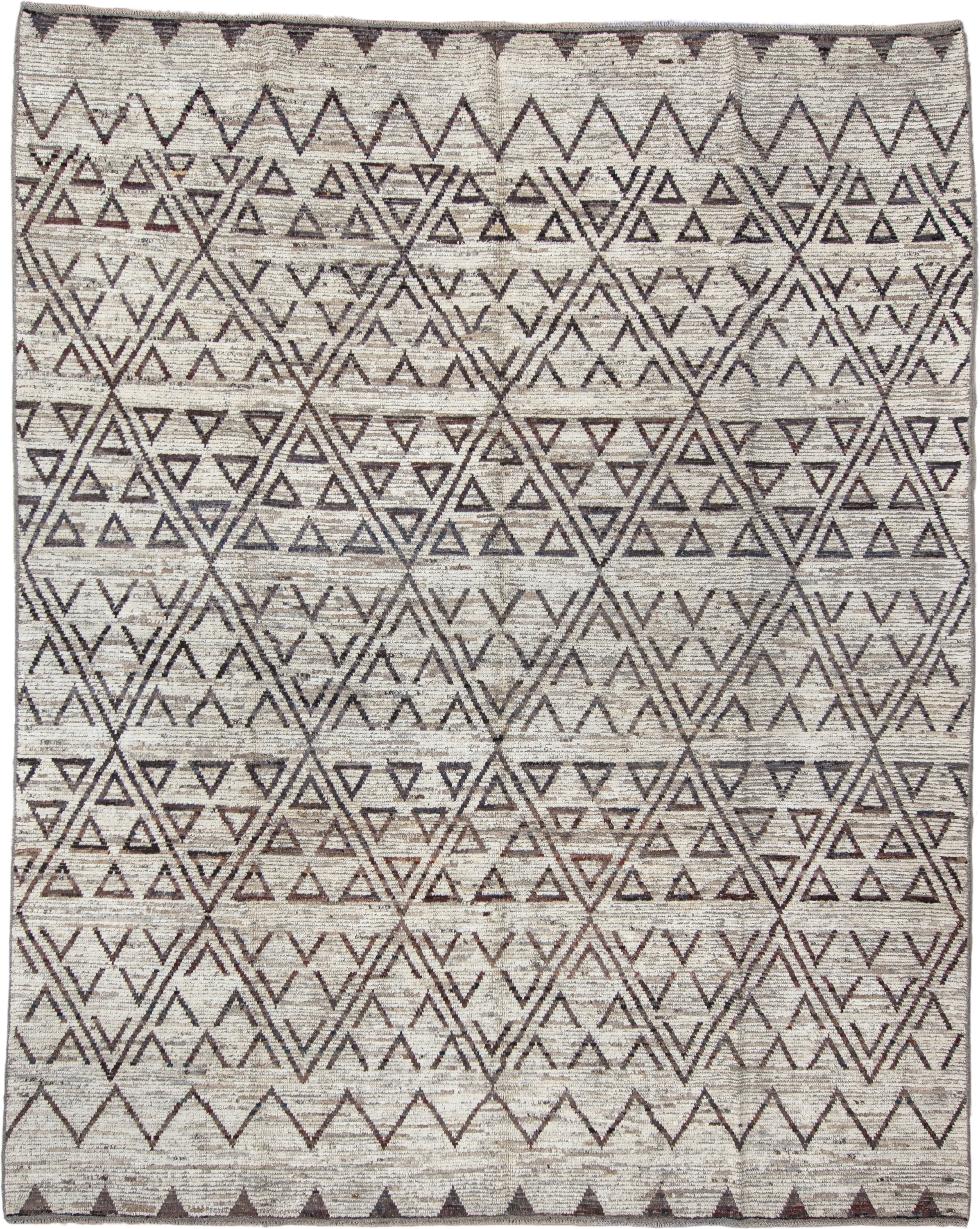 9' x 11' one-of-a-kind handmade vintage Tulu large size rug. Color palette: ivory, brown, taupe, charcoal, beige, gray