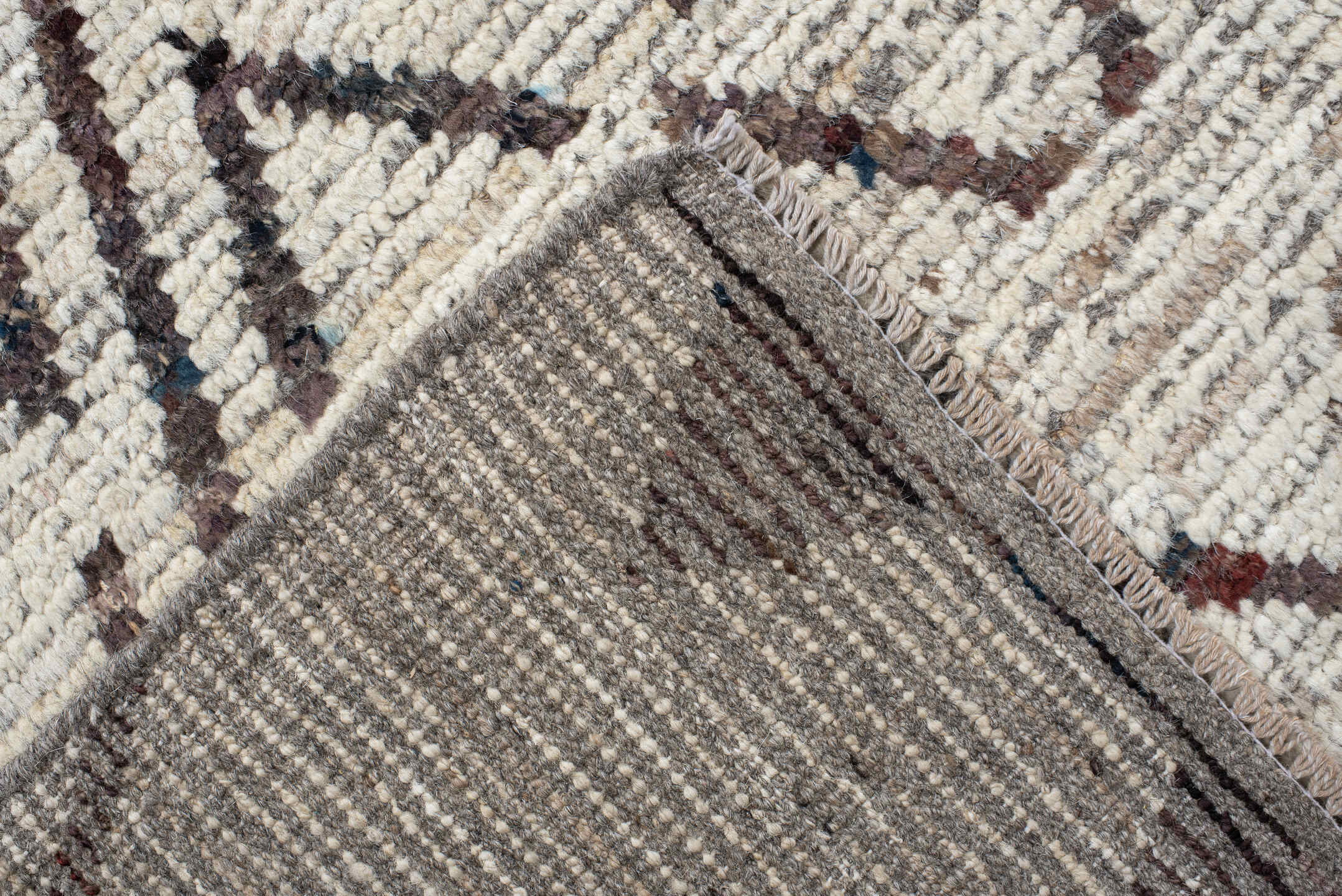 9' x 11' one-of-a-kind handmade vintage Tulu large size rug. Color palette: ivory, brown, taupe, charcoal, beige, gray