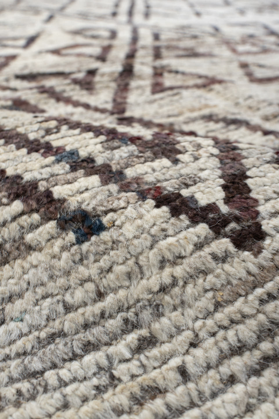 9' x 11' one-of-a-kind handmade vintage Tulu large size rug. Color palette: ivory, brown, taupe, charcoal, beige, gray