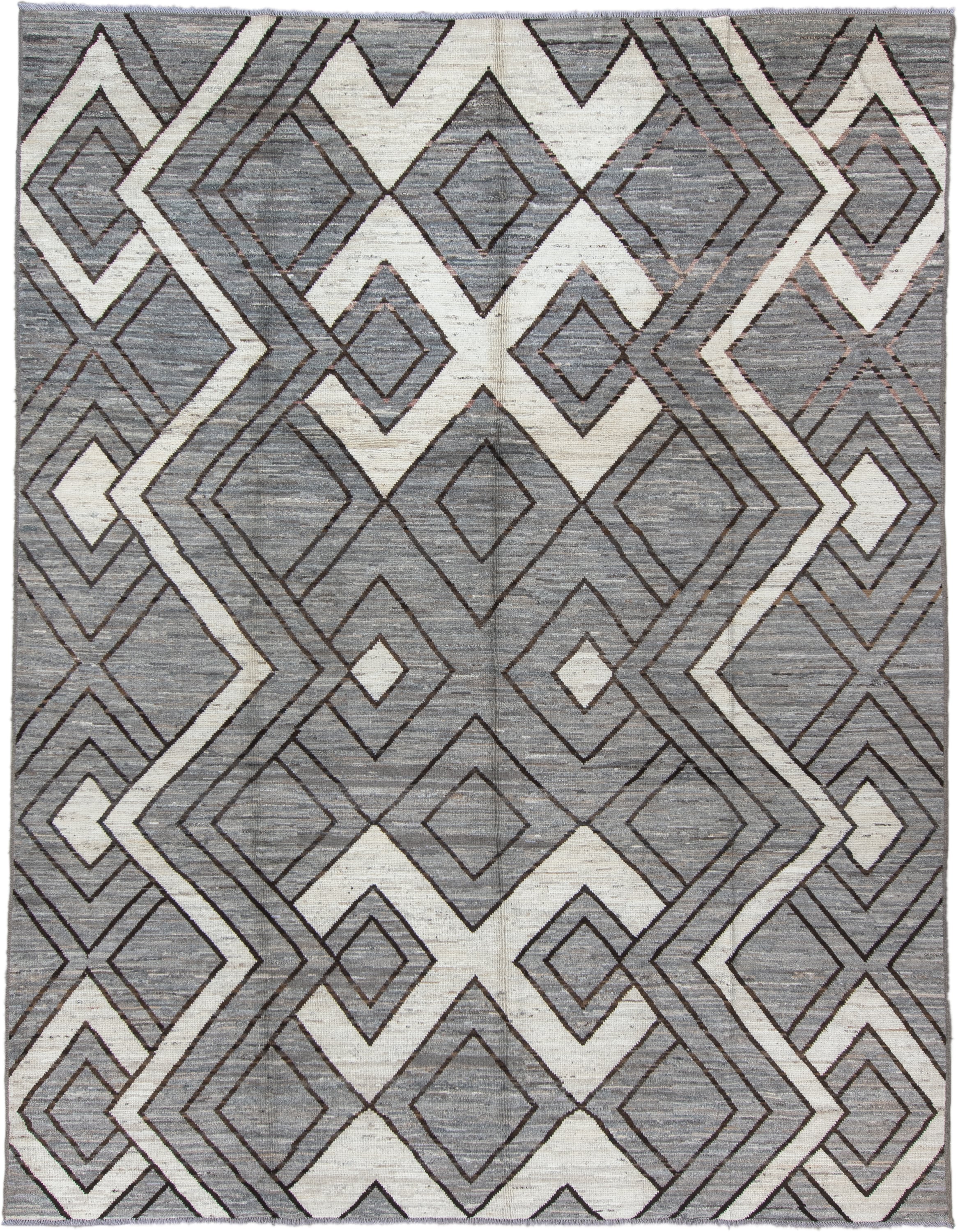 9' x 11' one-of-a-kind handmade vintage Tulu large size rug. Color palette: gray, ivory, charcoal, taupe, black, beige