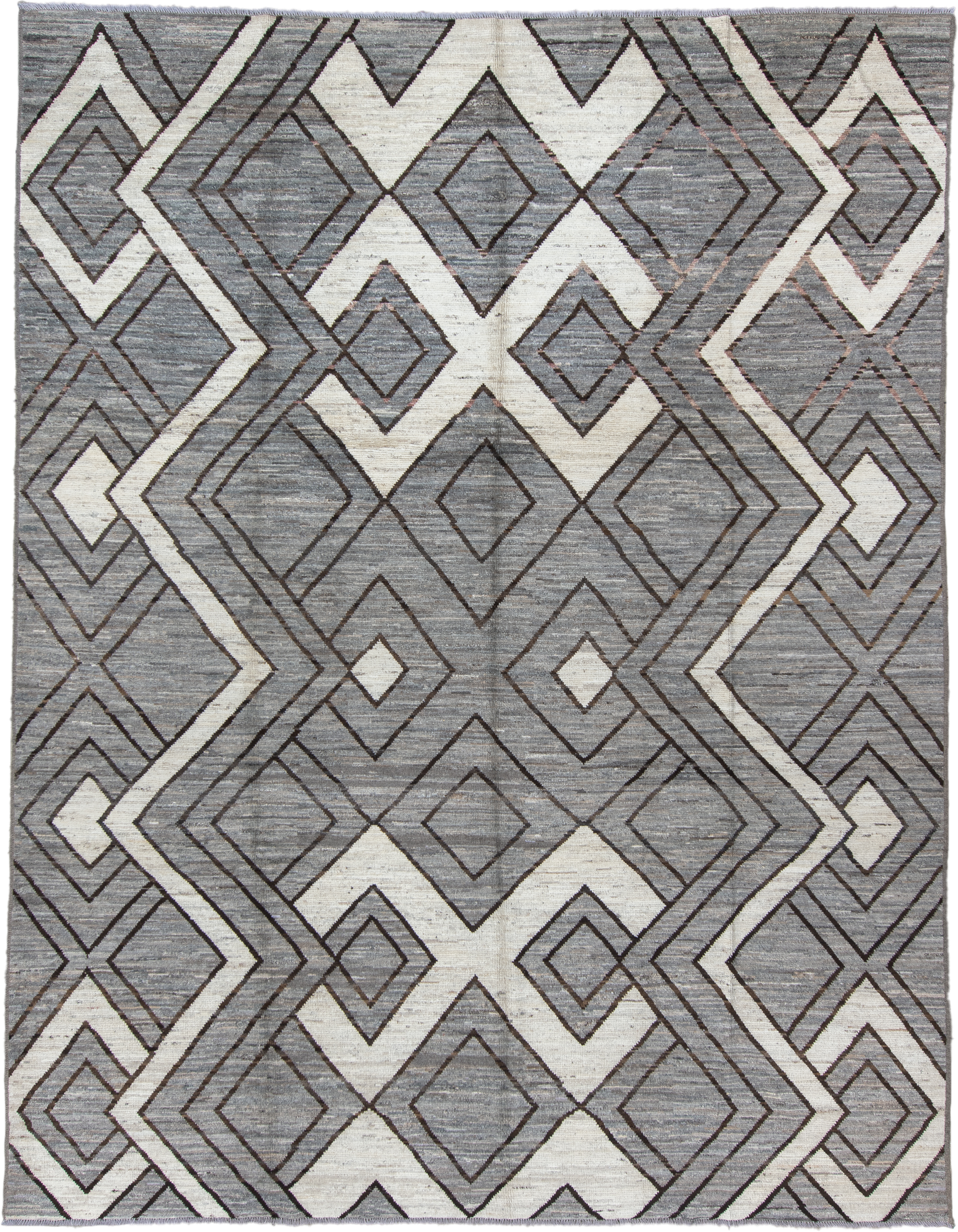 9' x 11' one-of-a-kind handmade vintage Tulu large size rug. Color palette: gray, ivory, charcoal, taupe, black, beige
