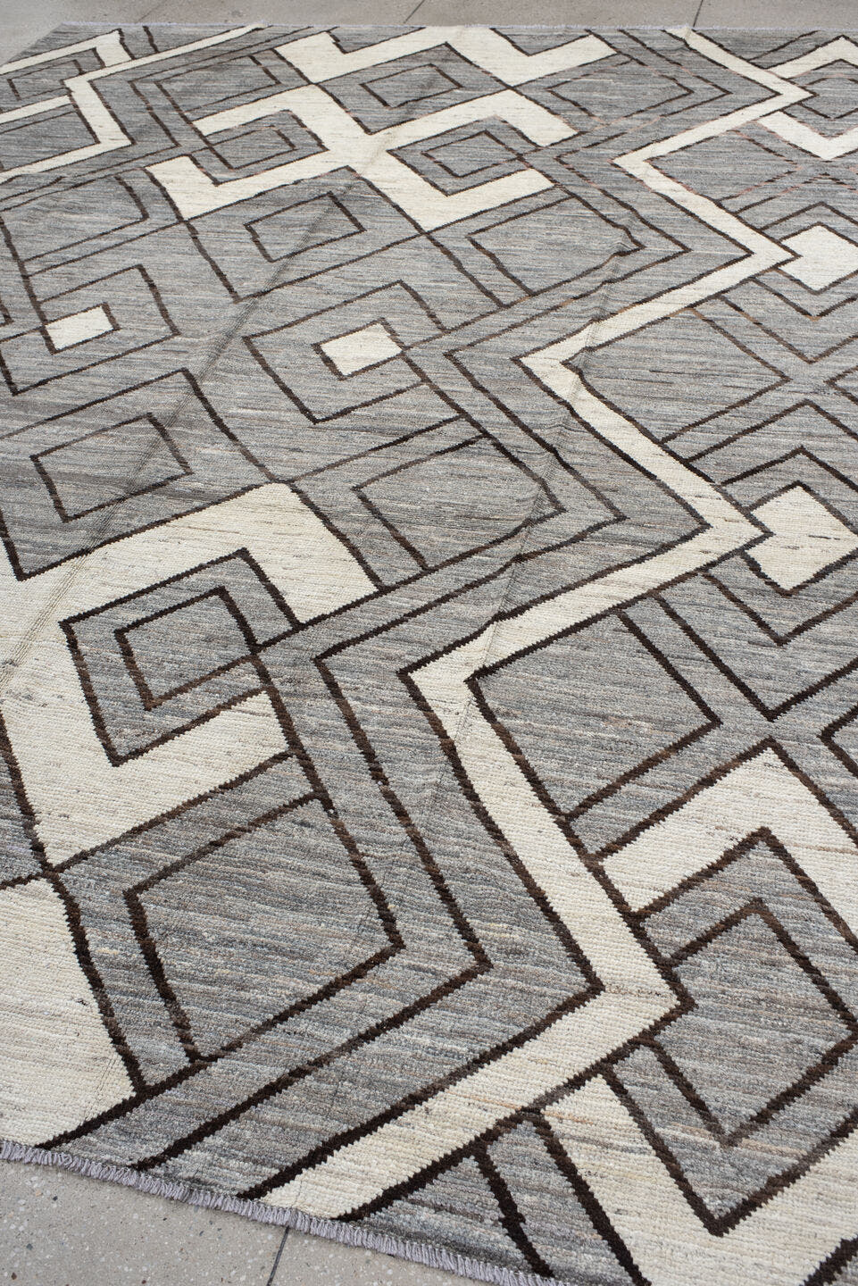 9' x 11' one-of-a-kind handmade vintage Tulu large size rug. Color palette: gray, ivory, charcoal, taupe, black, beige