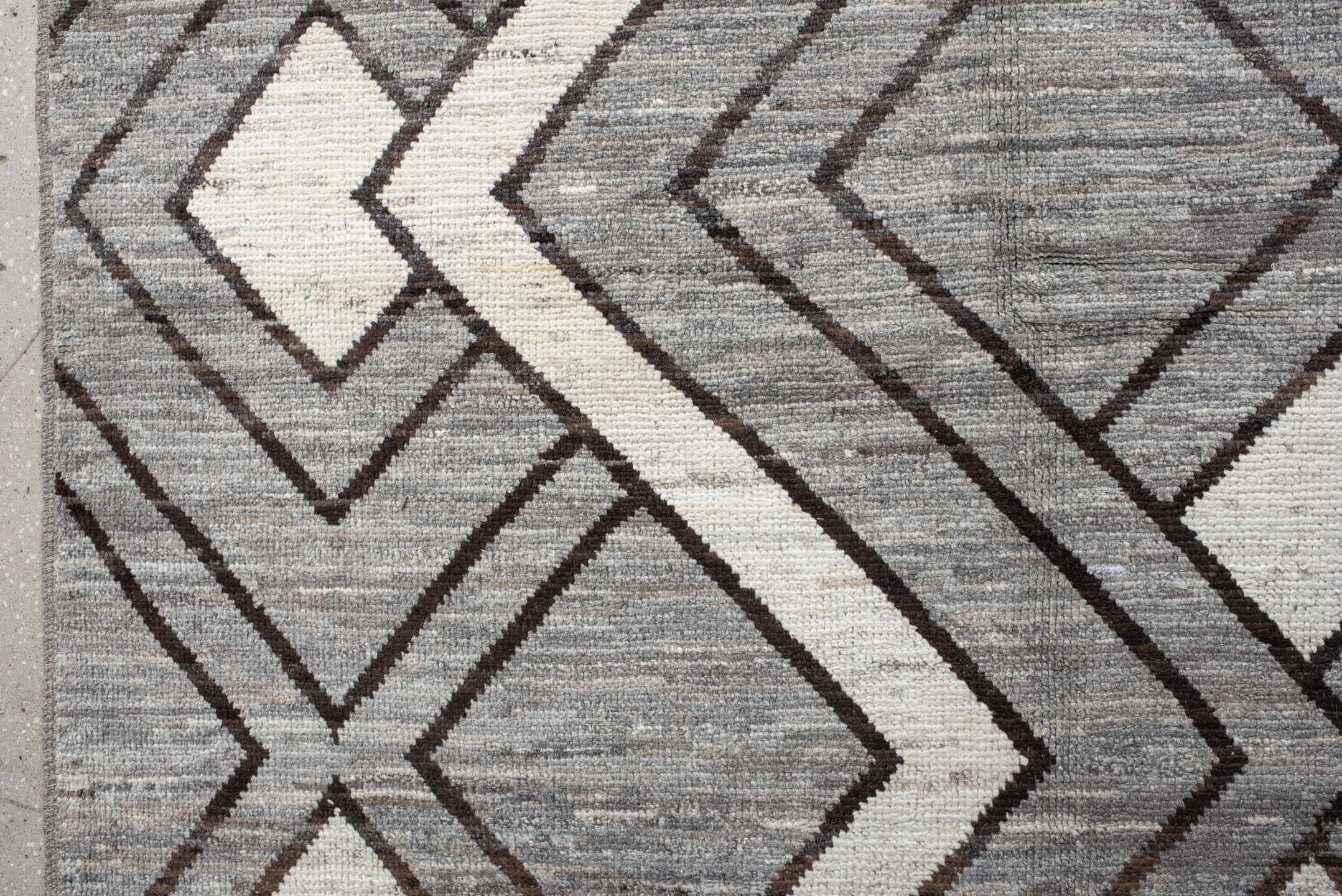 9' x 11' one-of-a-kind handmade vintage Tulu large size rug. Color palette: gray, ivory, charcoal, taupe, black, beige