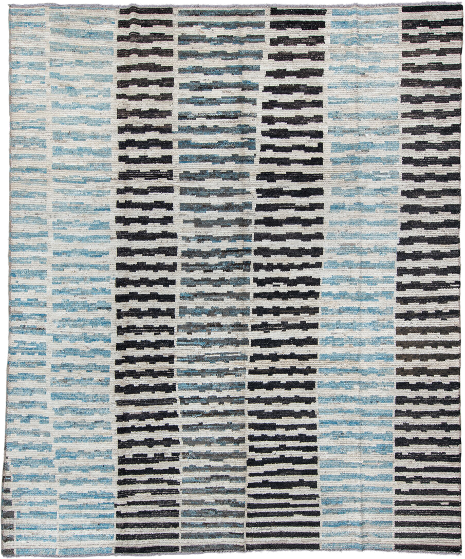 9' x 11' one-of-a-kind handmade vintage Tulu large size rug. Color palette: ivory, sky blue, charcoal, gray, black