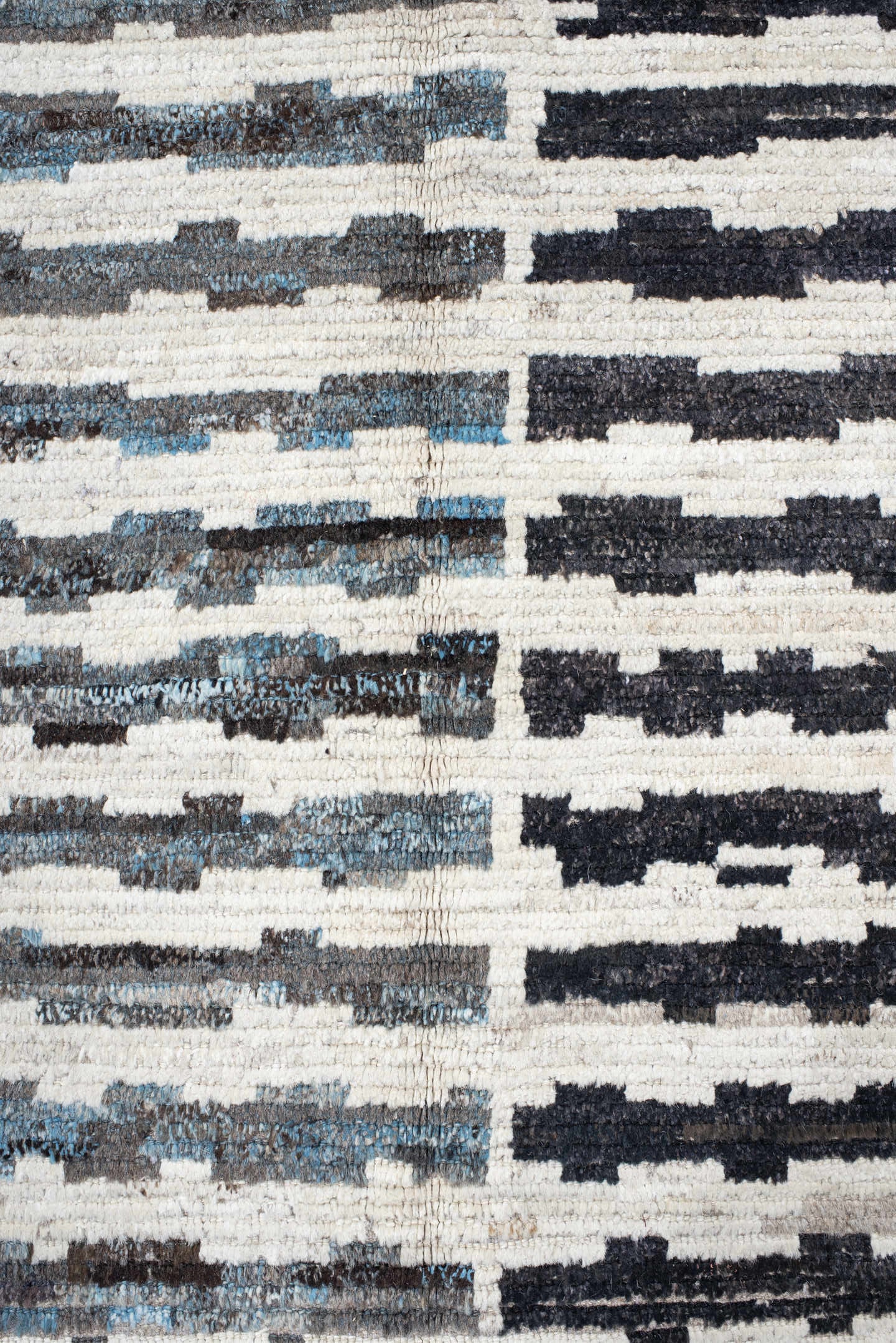 9' x 11' one-of-a-kind handmade vintage Tulu large size rug. Color palette: ivory, sky blue, charcoal, gray, black
