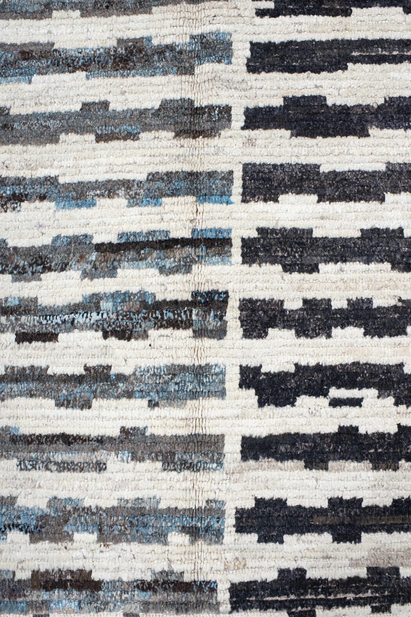 9' x 11' one-of-a-kind handmade vintage Tulu large size rug. Color palette: ivory, sky blue, charcoal, gray, black