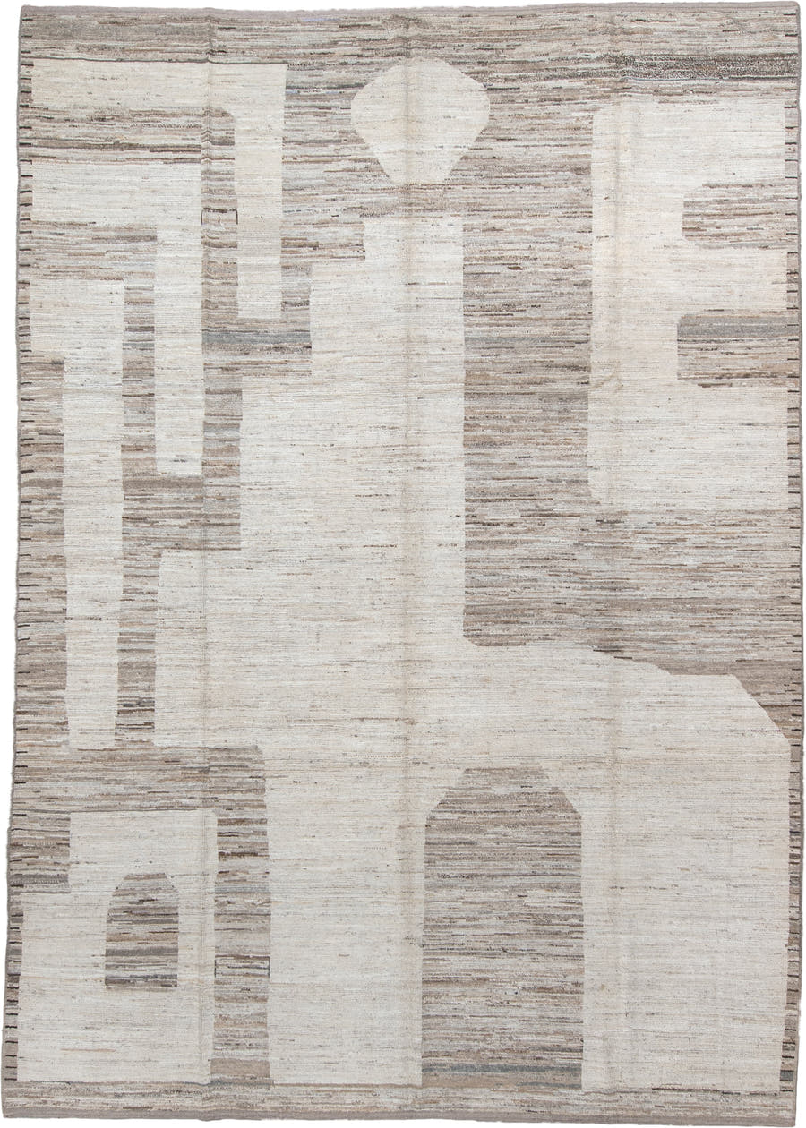 9' x 13' one-of-a-kind handmade vintage Tulu large size rug. Color palette: ivory, taupe, beige, cream, greige, stone, gray