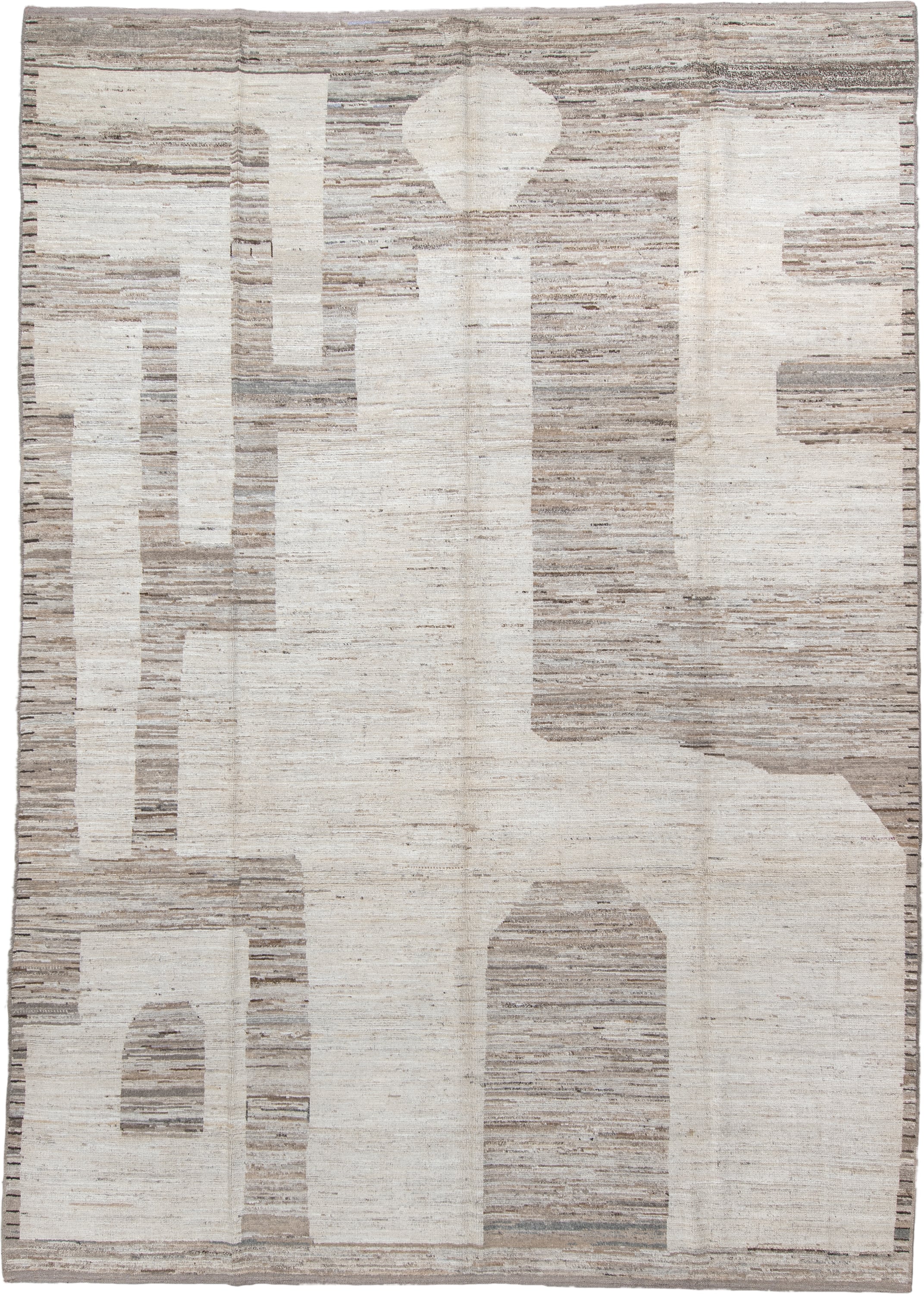 9' x 13' one-of-a-kind handmade vintage Tulu large size rug. Color palette: ivory, taupe, beige, cream, greige, stone, gray