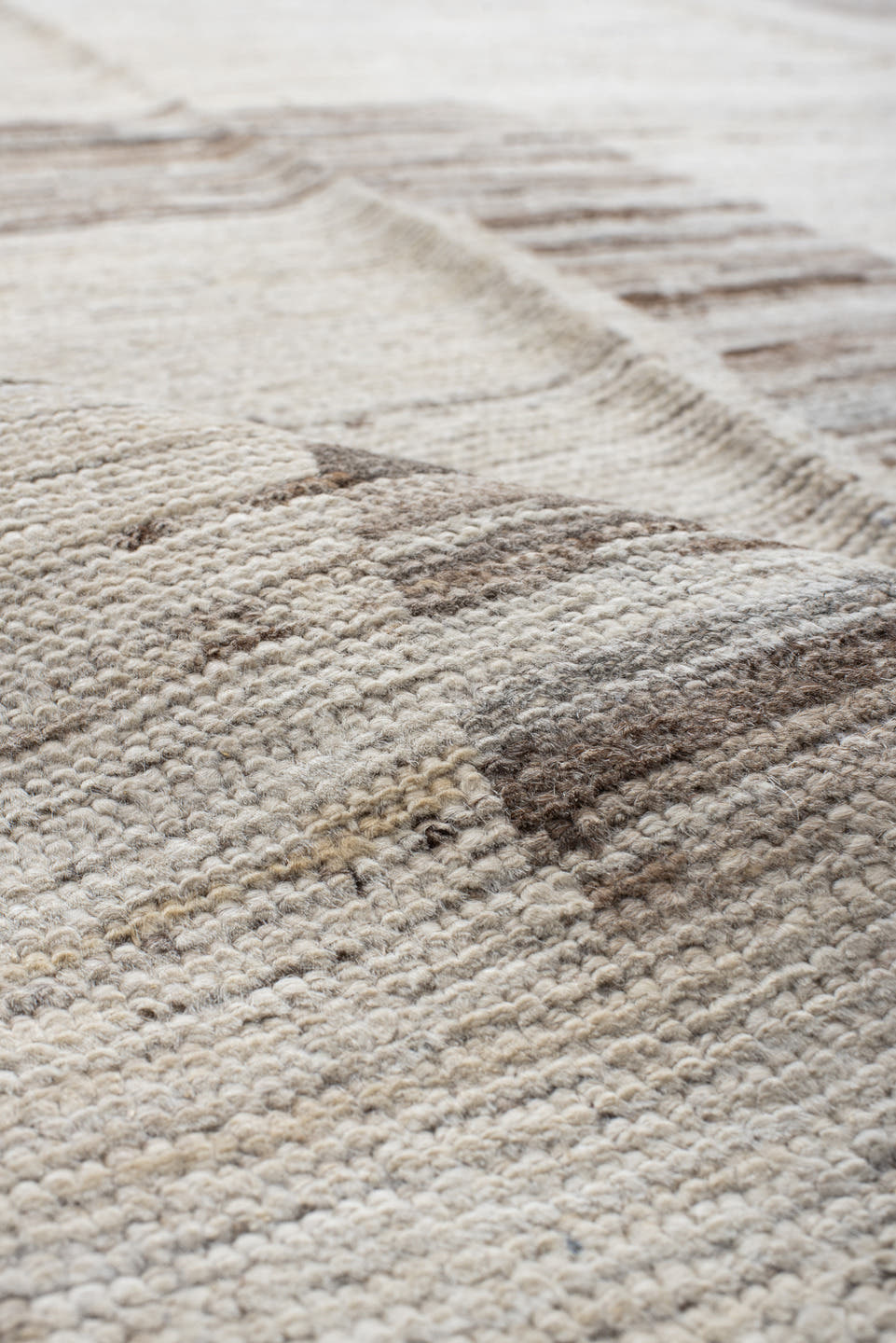 9' x 13' one-of-a-kind handmade vintage Tulu large size rug. Color palette: ivory, taupe, beige, cream, greige, stone, gray