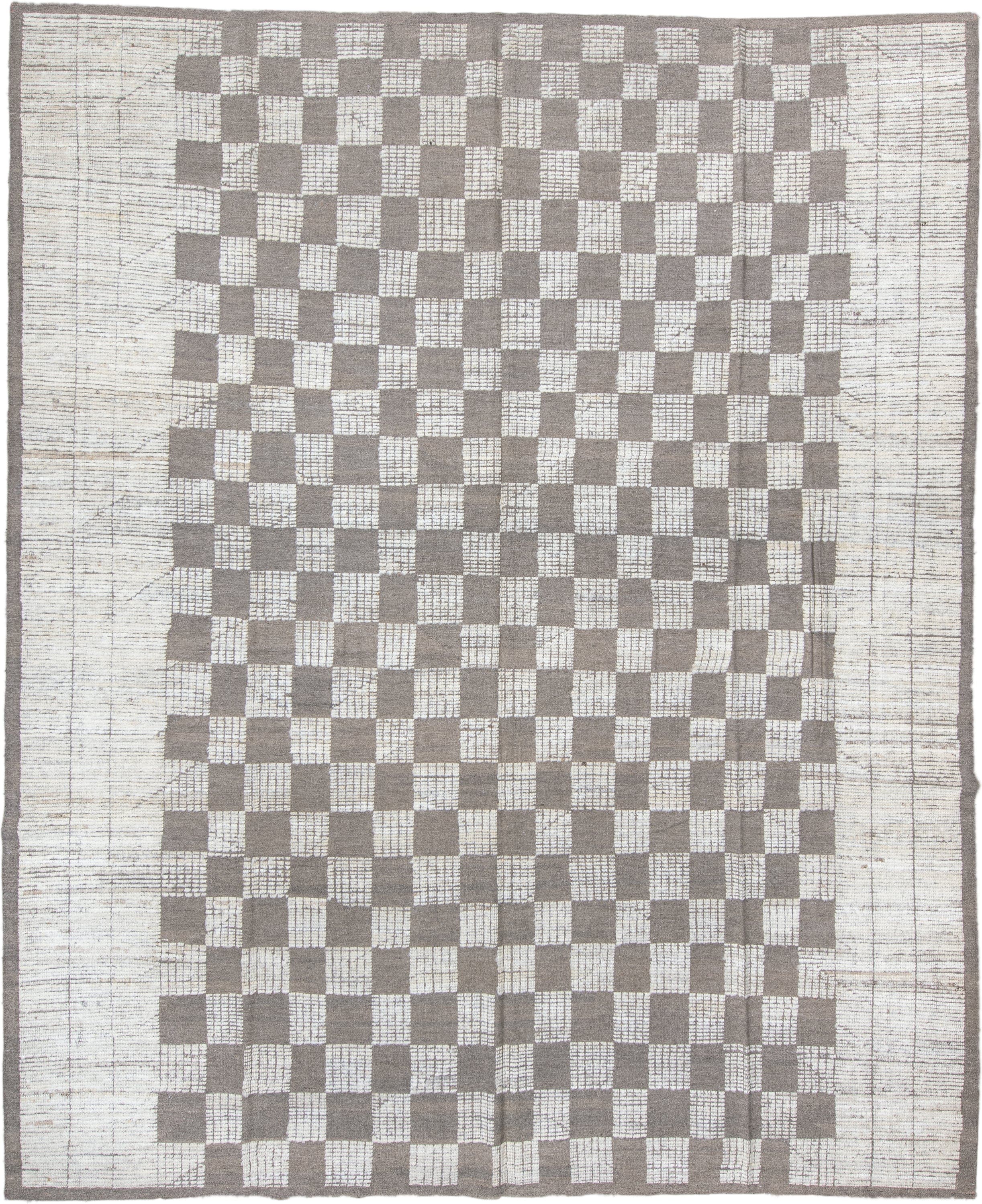 10' x 13' one-of-a-kind handmade vintage Tulu large size rug. Color palette: ivory, taupe, gray, cream, beige