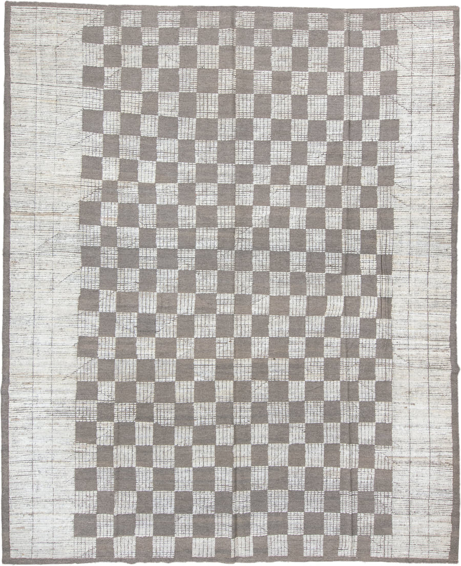 10' x 13' one-of-a-kind handmade vintage Tulu large size rug. Color palette: ivory, taupe, gray, cream, beige
