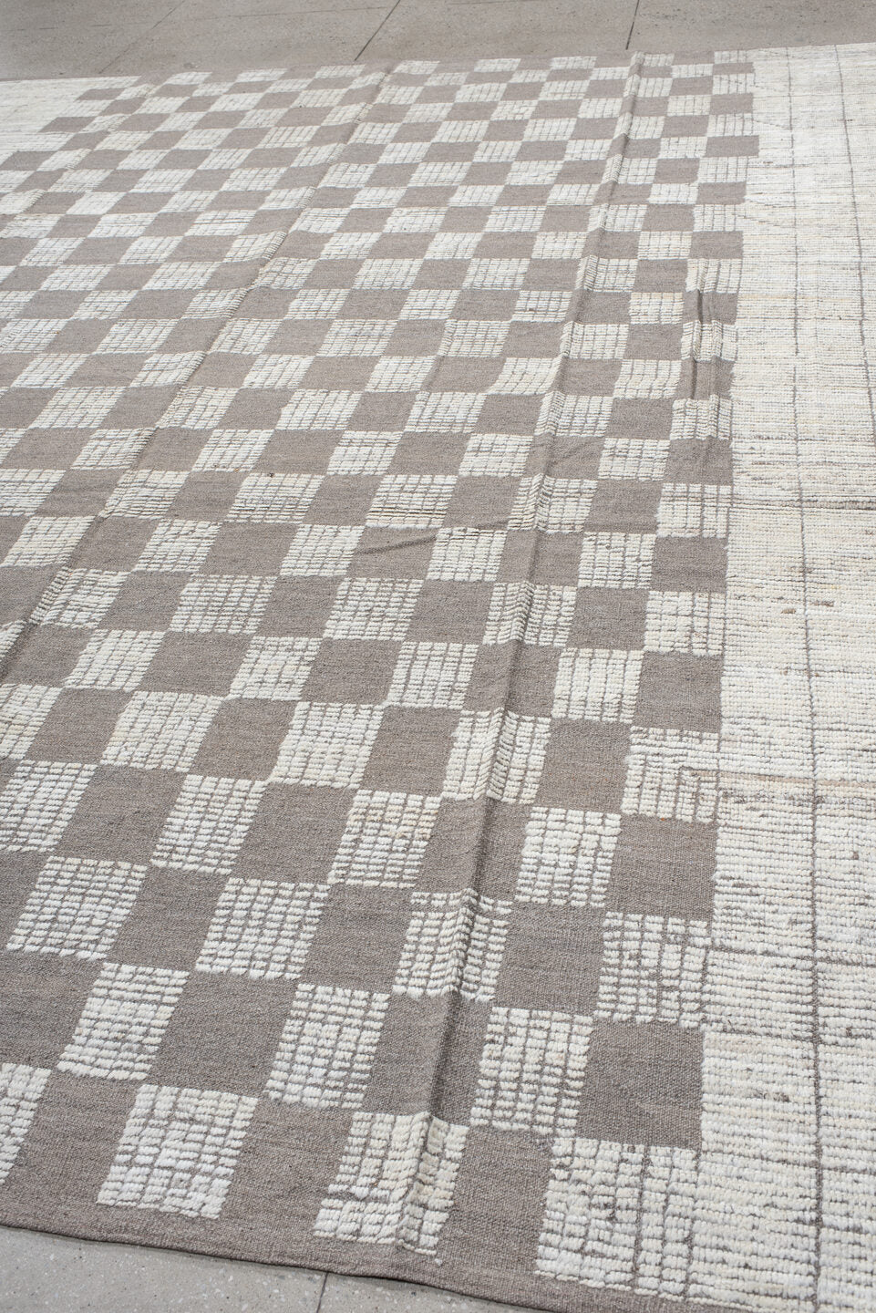 10' x 13' one-of-a-kind handmade vintage Tulu large size rug. Color palette: ivory, taupe, gray, cream, beige