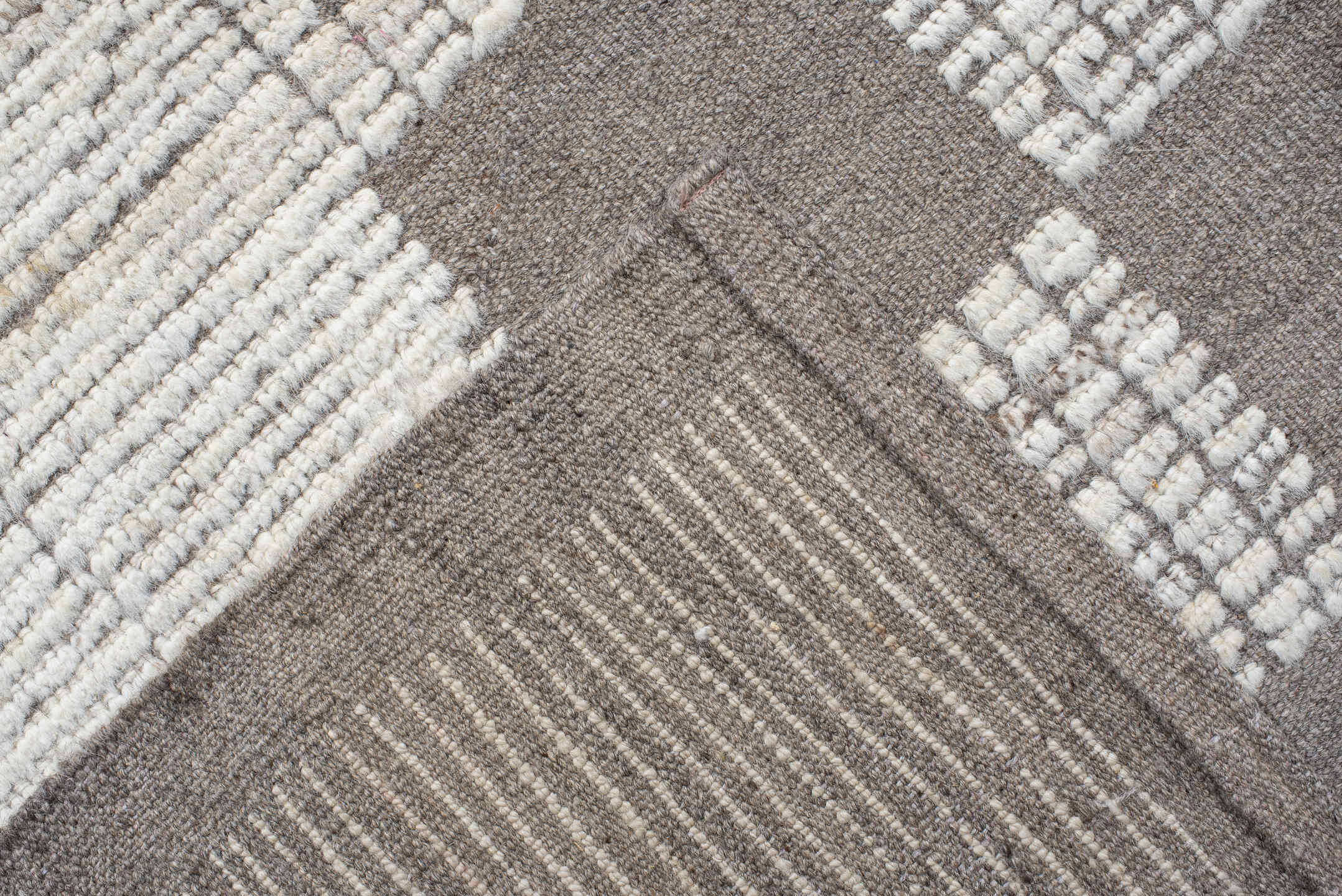 10' x 13' one-of-a-kind handmade vintage Tulu large size rug. Color palette: ivory, taupe, gray, cream, beige