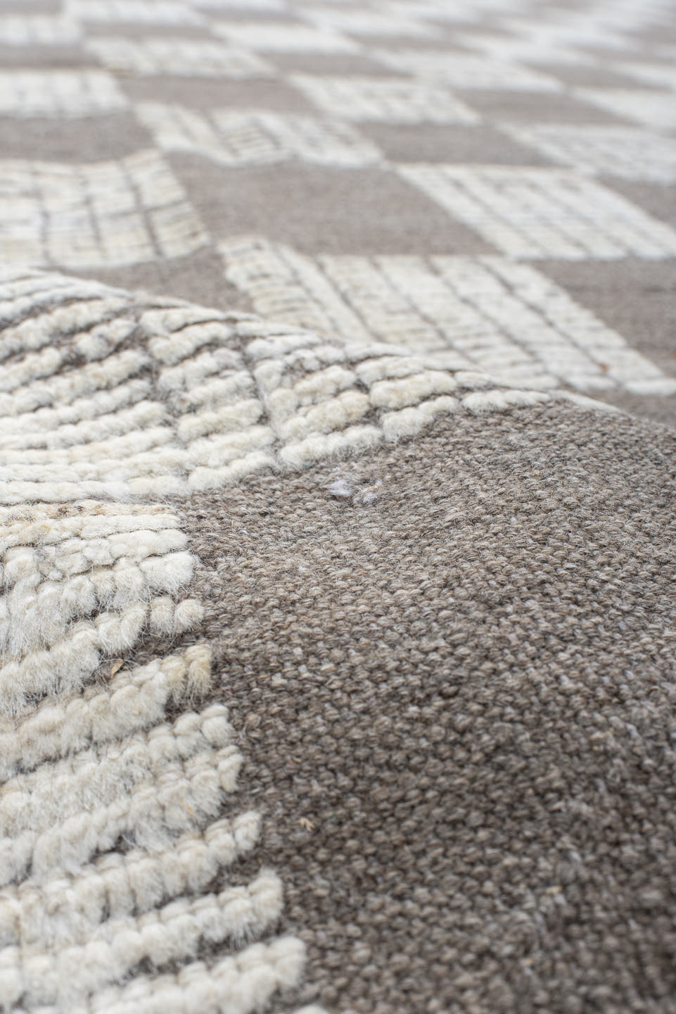 10' x 13' one-of-a-kind handmade vintage Tulu large size rug. Color palette: ivory, taupe, gray, cream, beige