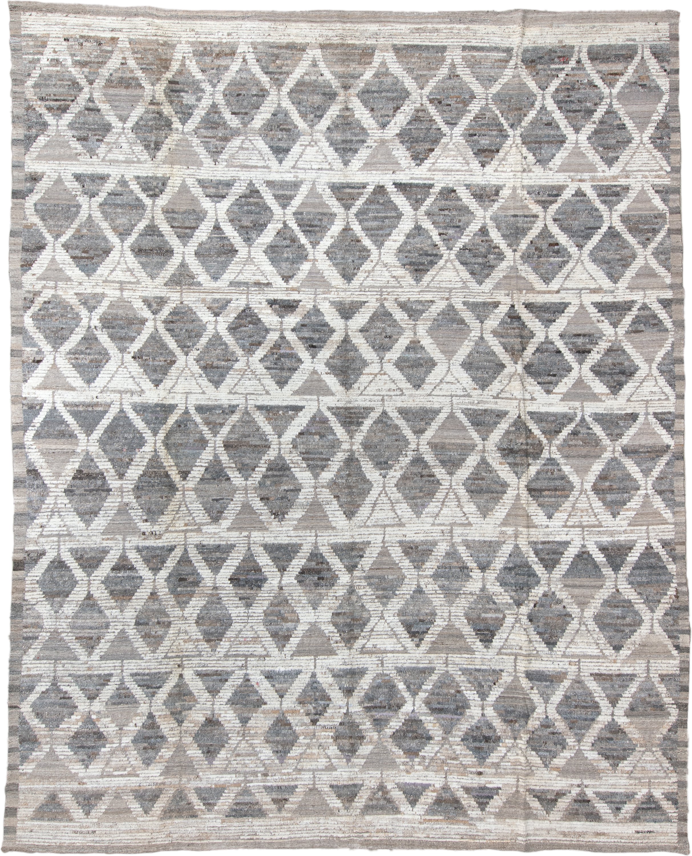 11' x 13' one-of-a-kind handmade vintage Tulu oversize rug. Color palette: gray, ivory, taupe, greige, beige