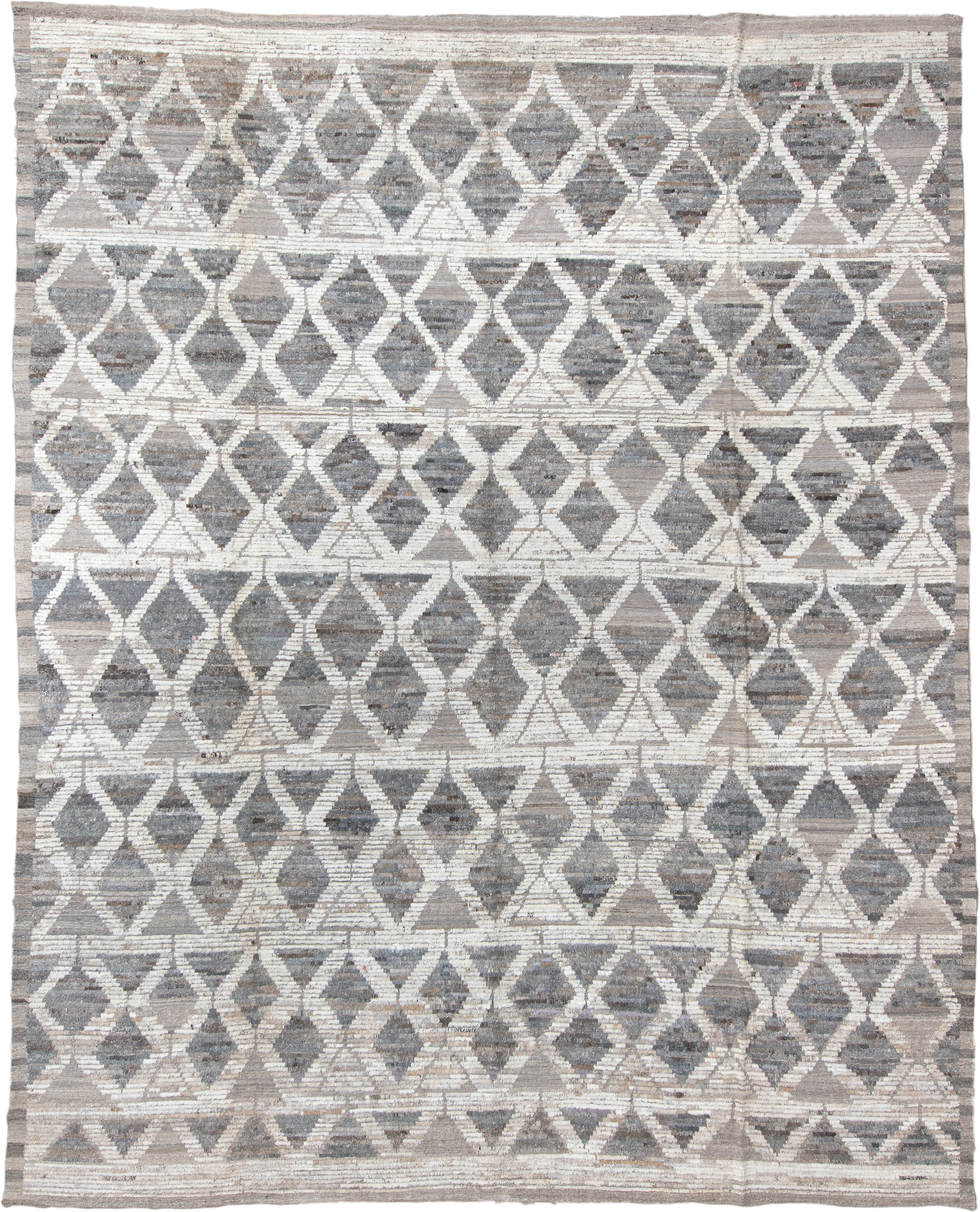 11' x 13' one-of-a-kind handmade vintage Tulu oversize rug. Color palette: gray, ivory, taupe, greige, beige