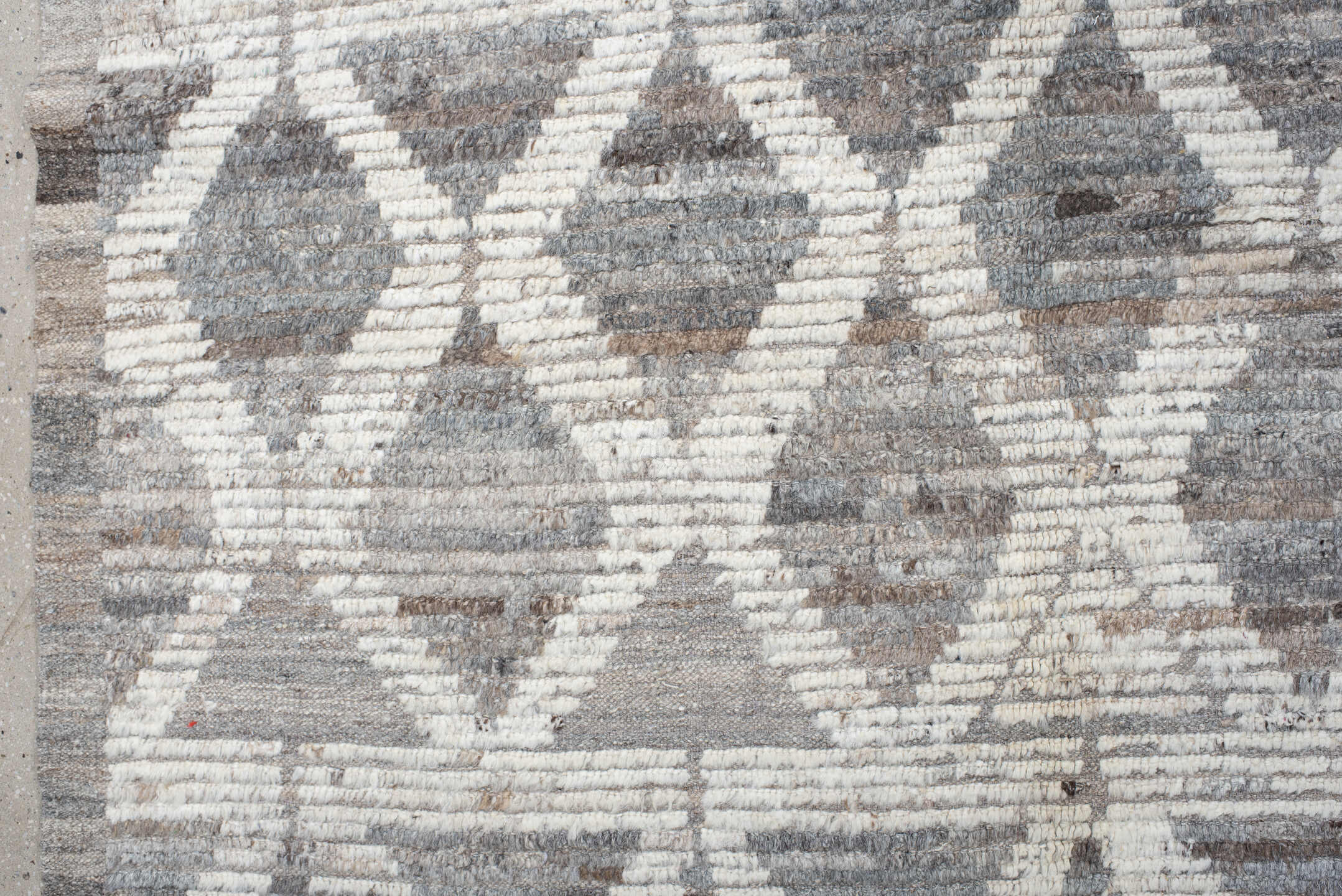 11' x 13' one-of-a-kind handmade vintage Tulu oversize rug. Color palette: gray, ivory, taupe, greige, beige