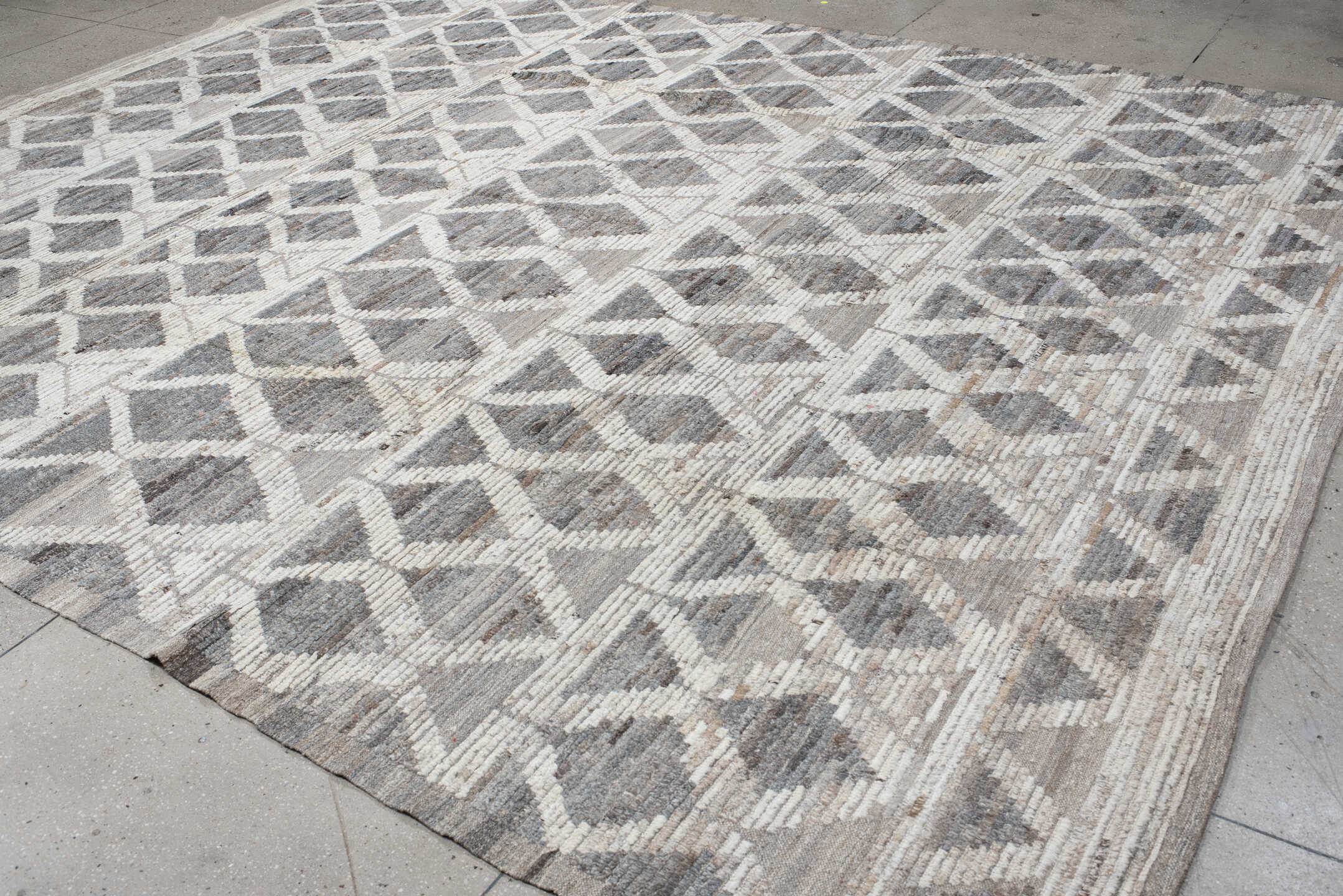 11' x 13' one-of-a-kind handmade vintage Tulu oversize rug. Color palette: gray, ivory, taupe, greige, beige