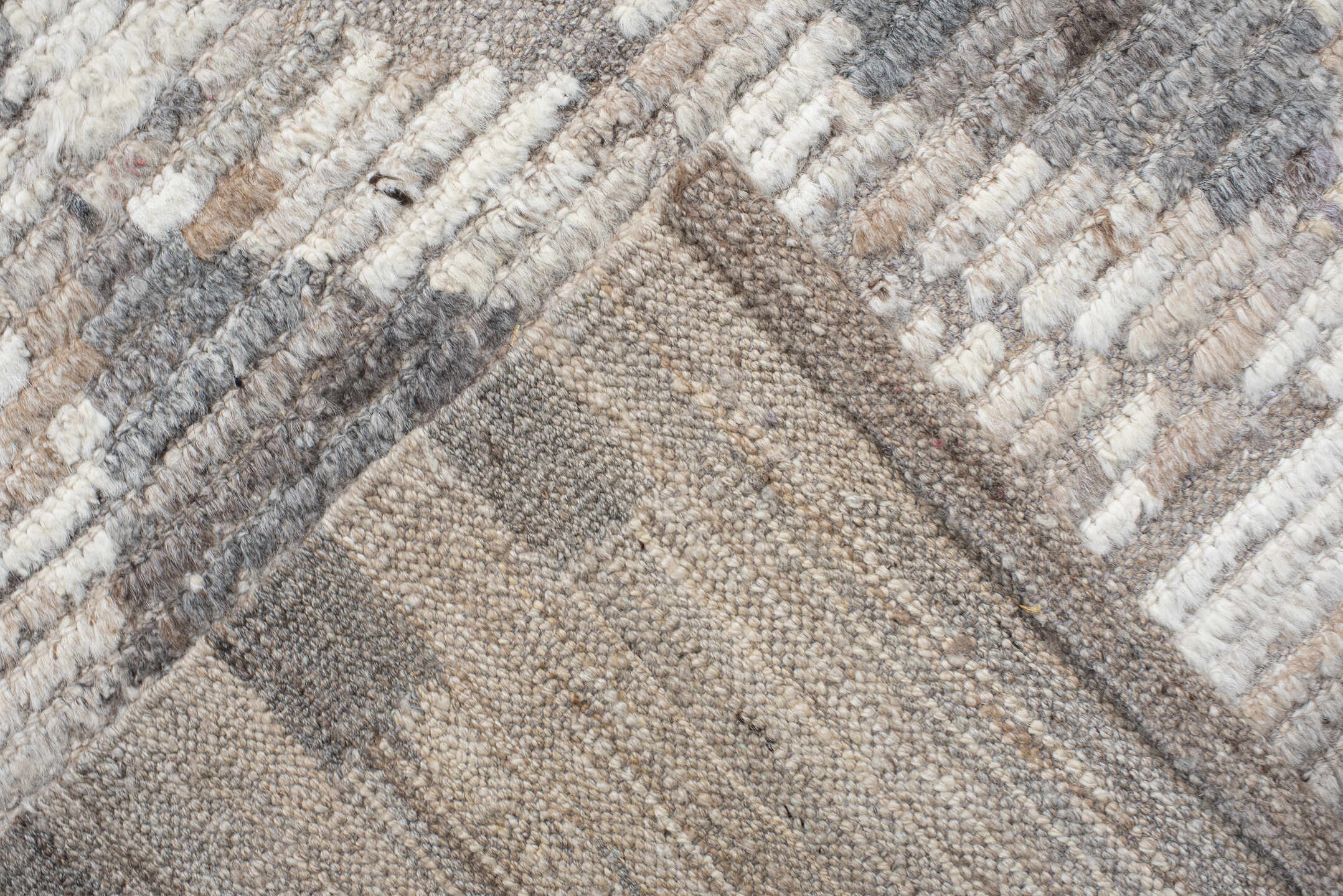 11' x 13' one-of-a-kind handmade vintage Tulu oversize rug. Color palette: gray, ivory, taupe, greige, beige