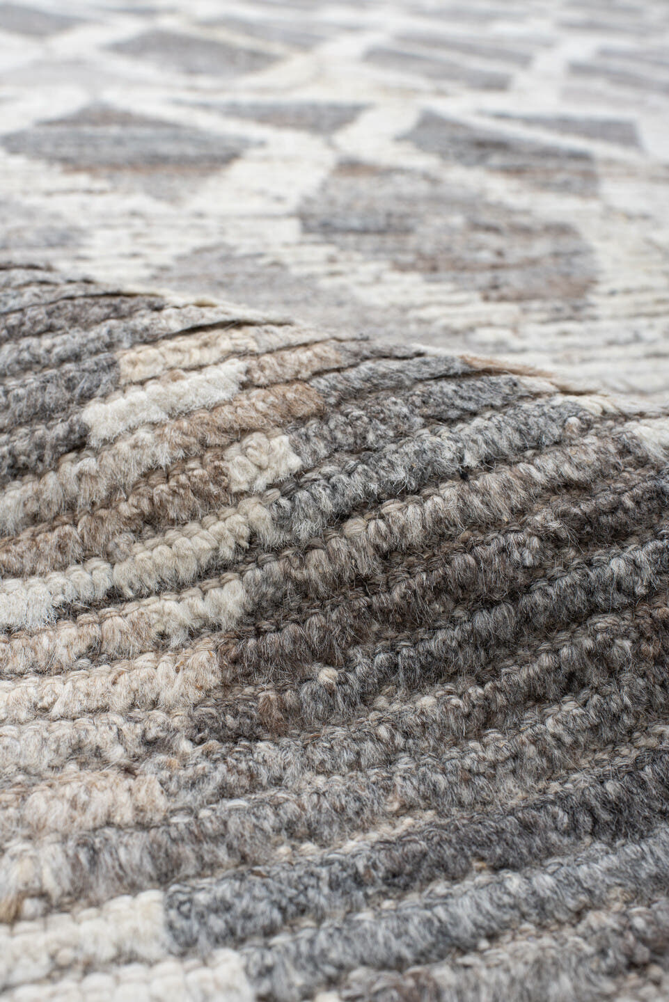 11' x 13' one-of-a-kind handmade vintage Tulu oversize rug. Color palette: gray, ivory, taupe, greige, beige