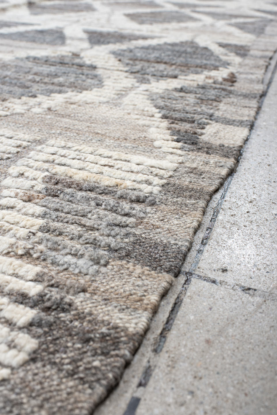 11' x 13' one-of-a-kind handmade vintage Tulu oversize rug. Color palette: gray, ivory, taupe, greige, beige