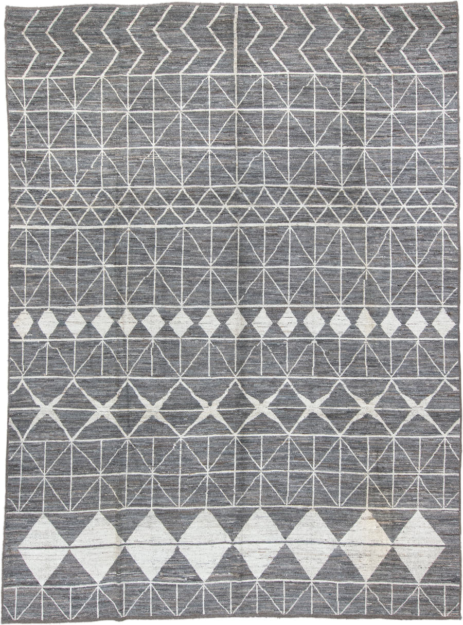 9' x 13' one-of-a-kind handmade vintage Tulu large size rug. Color palette: gray, ivory, charcoal, taupe, black, beige