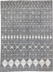 9' x 13' one-of-a-kind handmade vintage Tulu large size rug. Color palette: gray, ivory, charcoal, taupe, black, beige
