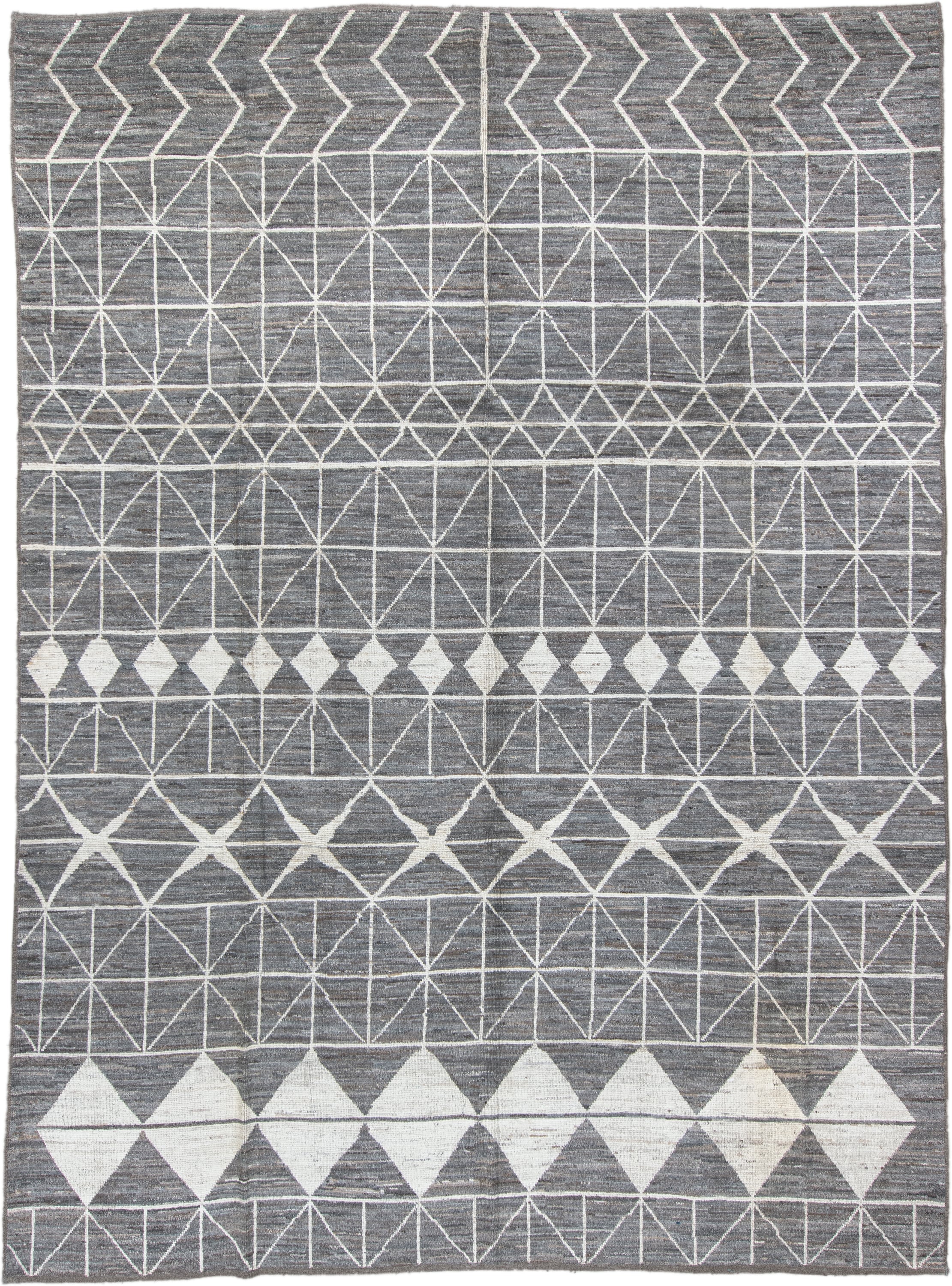 9' x 13' one-of-a-kind handmade vintage Tulu large size rug. Color palette: gray, ivory, charcoal, taupe, black, beige